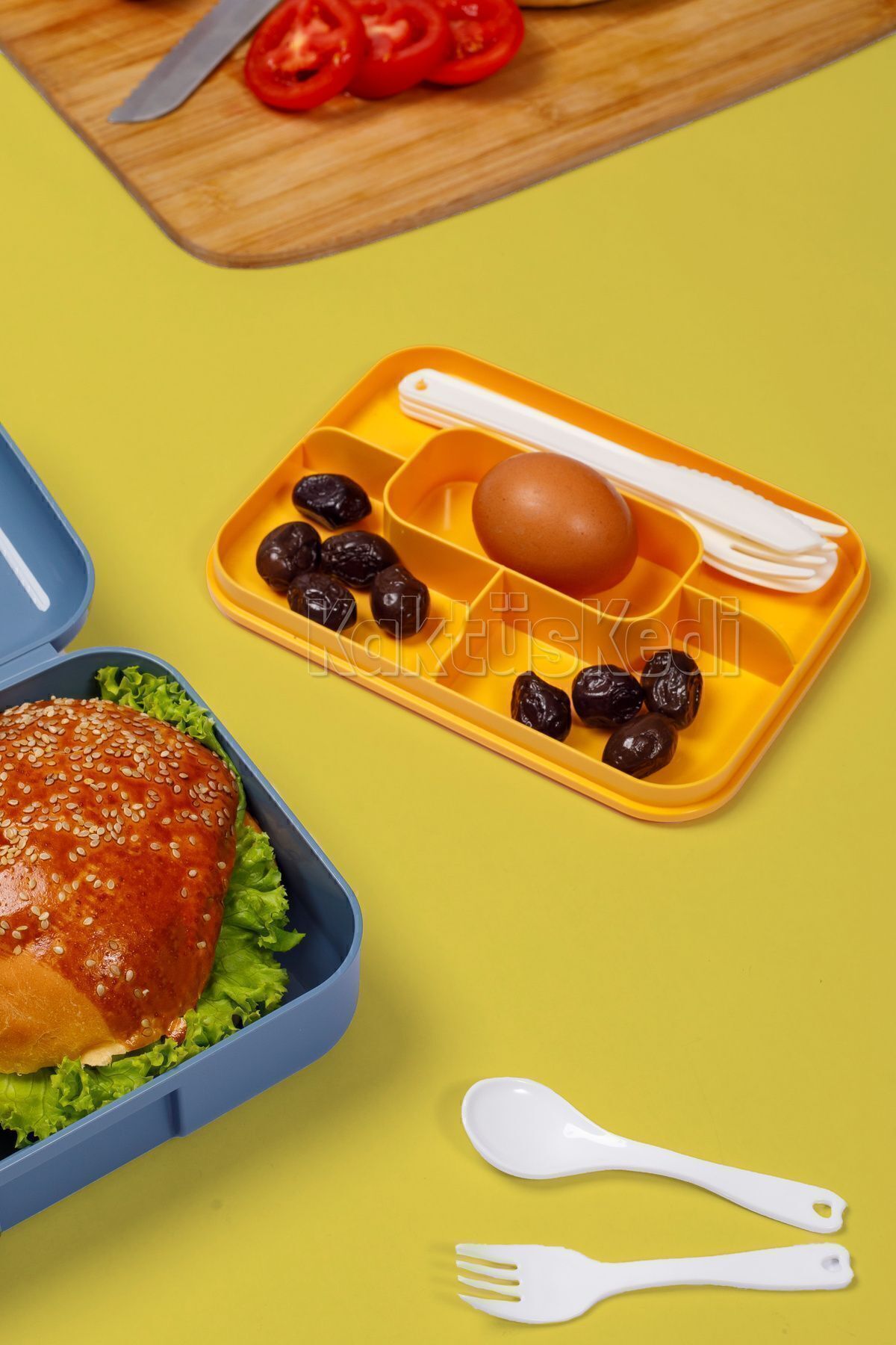 KaktüsKedi-Set of 2 Concrete Double Layer Compartmented Food Container 4
