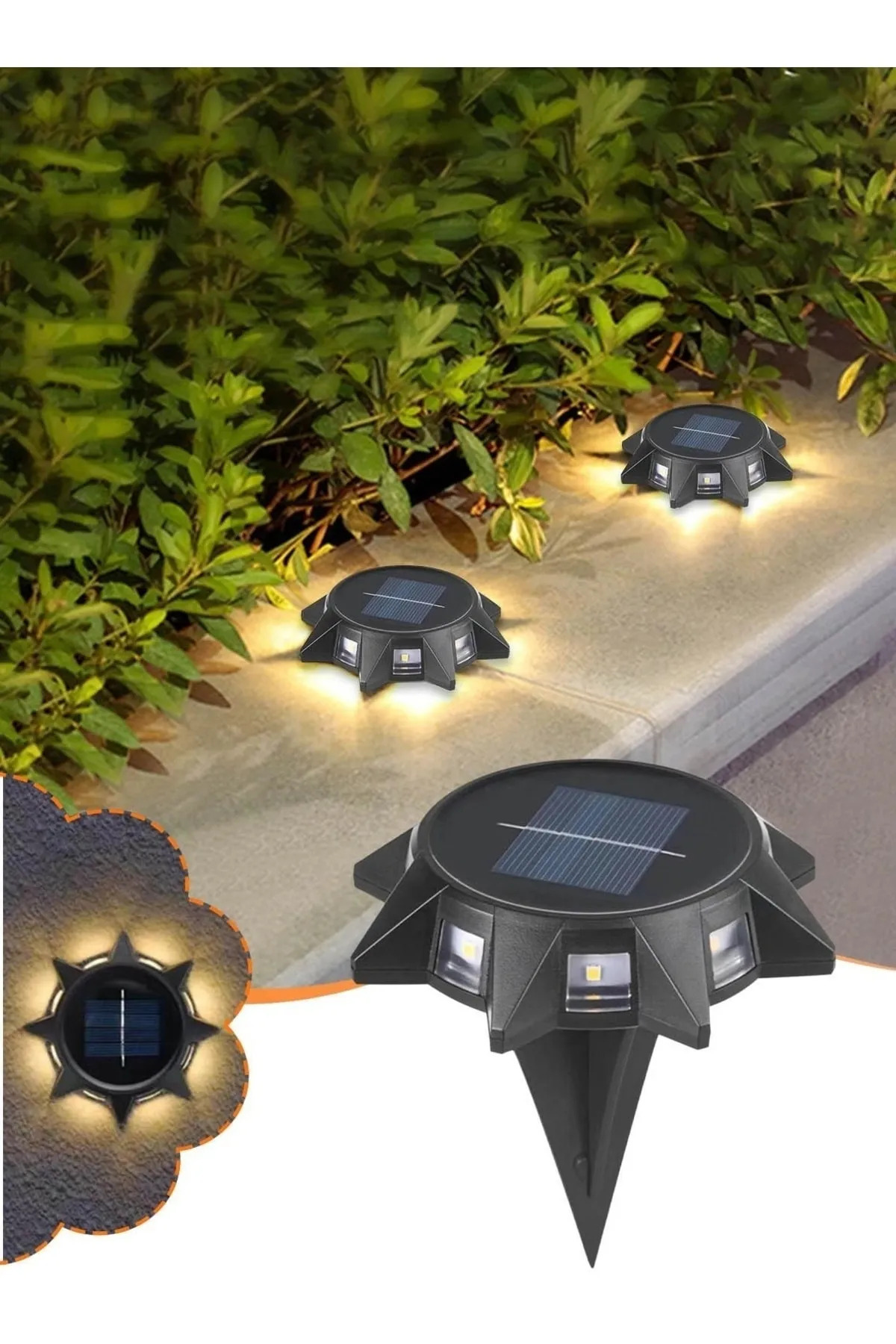 Sarı Renk Güneş Işığı Görünümlü 8 LED Solar Saplamalı Bahçe Dış Duvar Işıklandırma Lamba