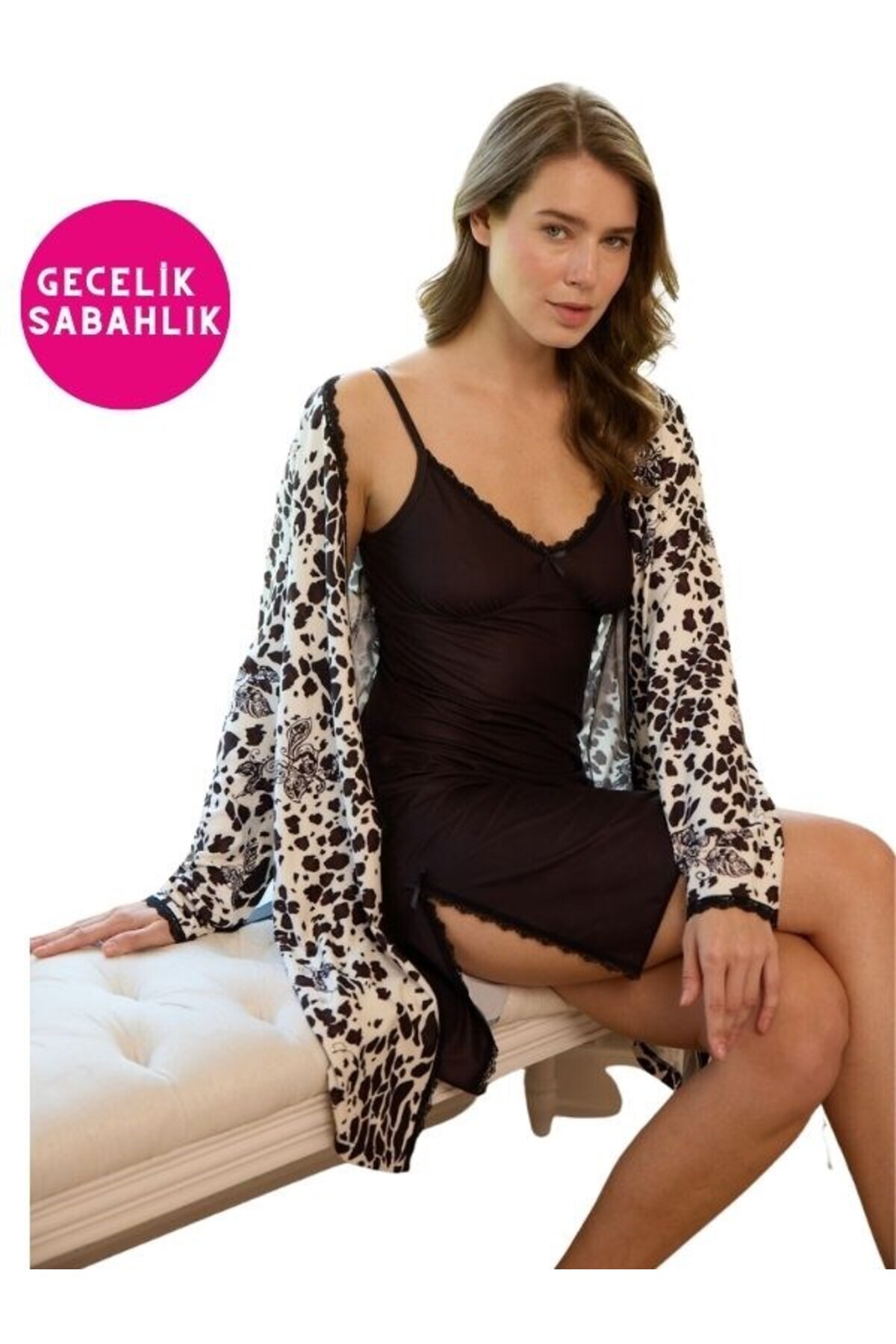 bie's Kadın Siyah Çiçekli Ip Askılı Çift Taraf Yırtmaçlı 2li Mini Gecelik Sabahlık Çeyizlik Set