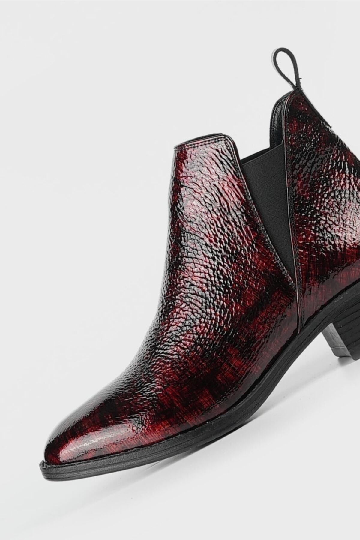 TUNAELLİ-Women's Burgundy Genuine Patent Leather Chelsea Boots & Bootie 6