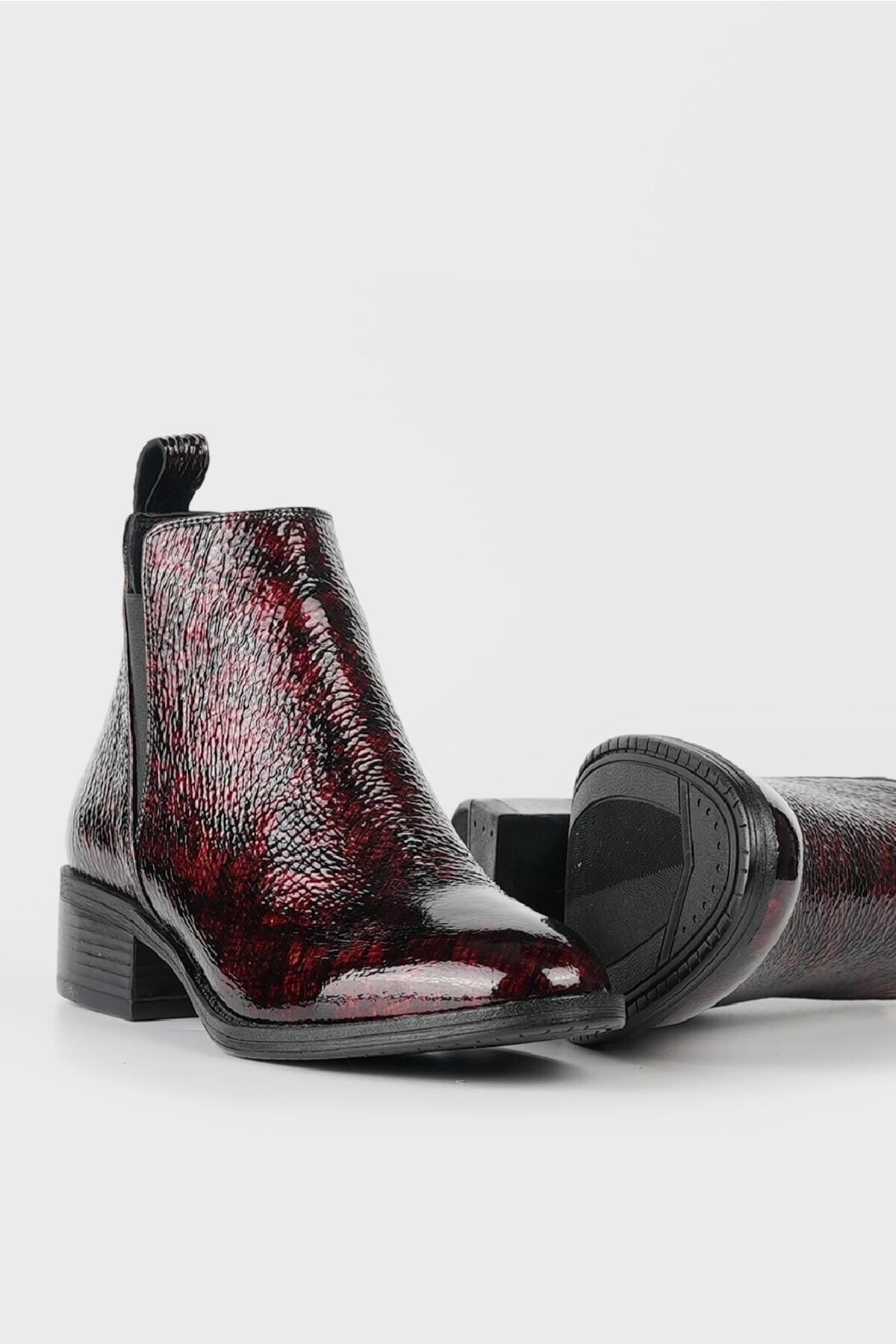 TUNAELLİ-Women's Burgundy Genuine Patent Leather Chelsea Boots & Bootie 2