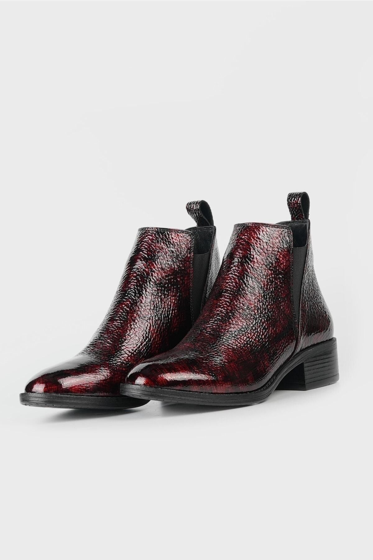 TUNAELLİ-Women's Burgundy Genuine Patent Leather Chelsea Boots & Bootie 4