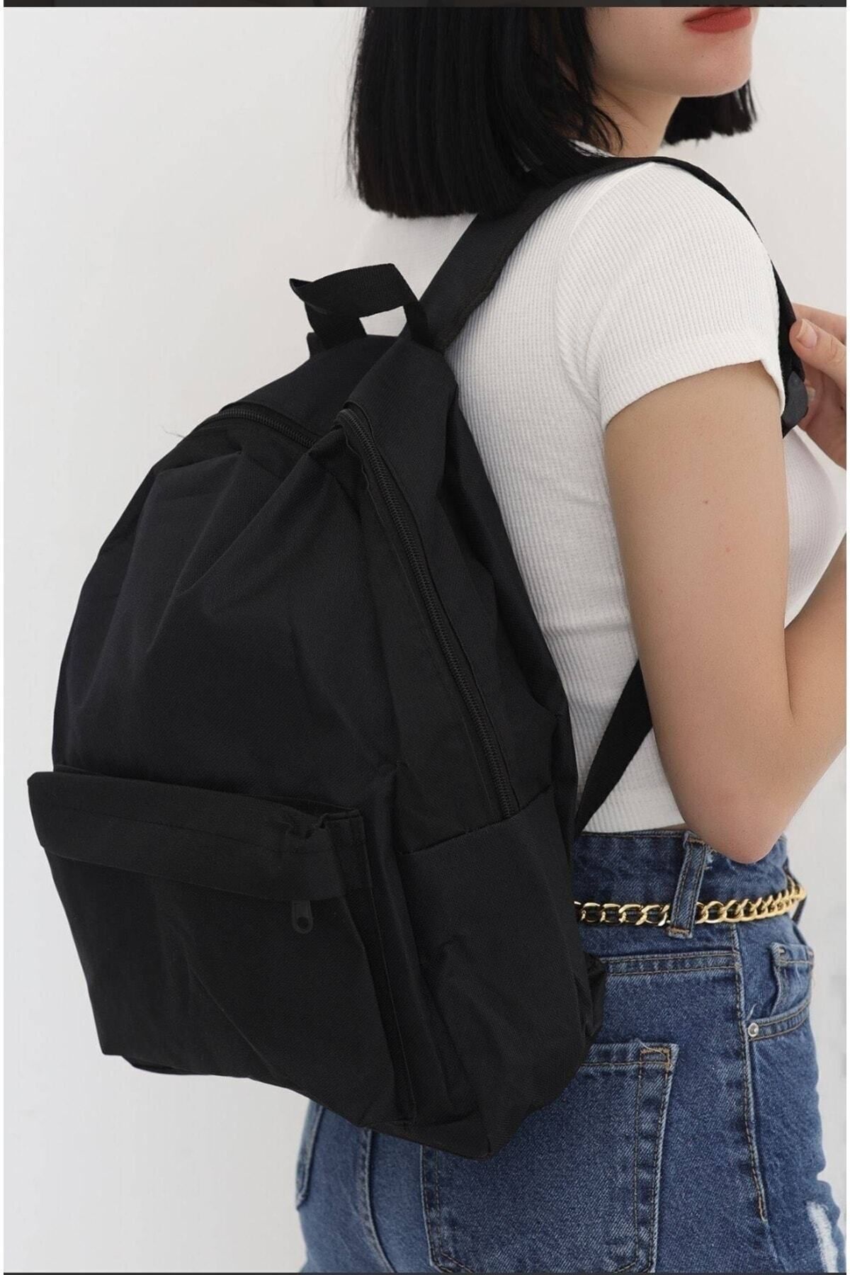 Düz Siyah Günlük Seyahat Kurs Sırt Çantası Plain Black Daily Travel Course Backpack