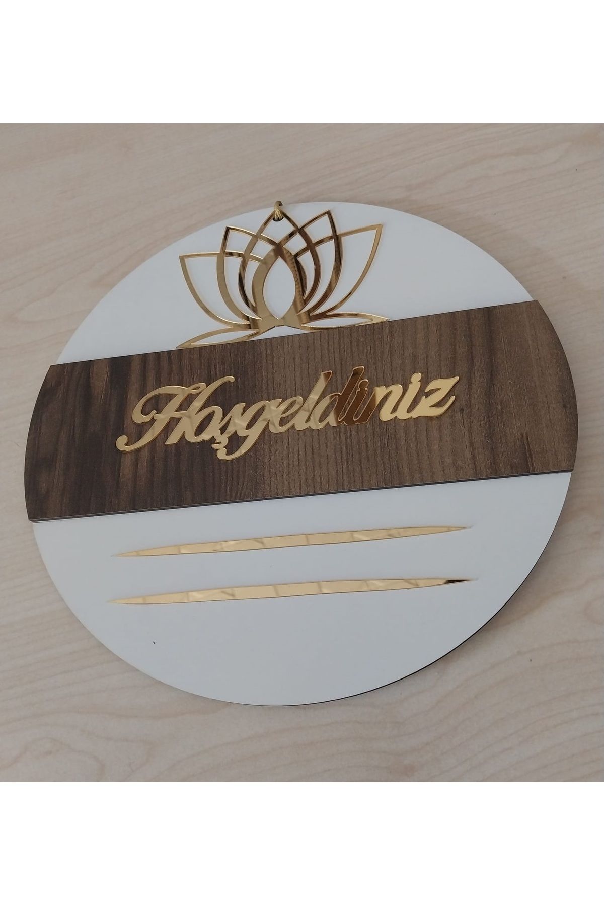 HeiN-Lotus Patterned Welcome Written Mirrored Plexiglass Wooden Door Ornament 4