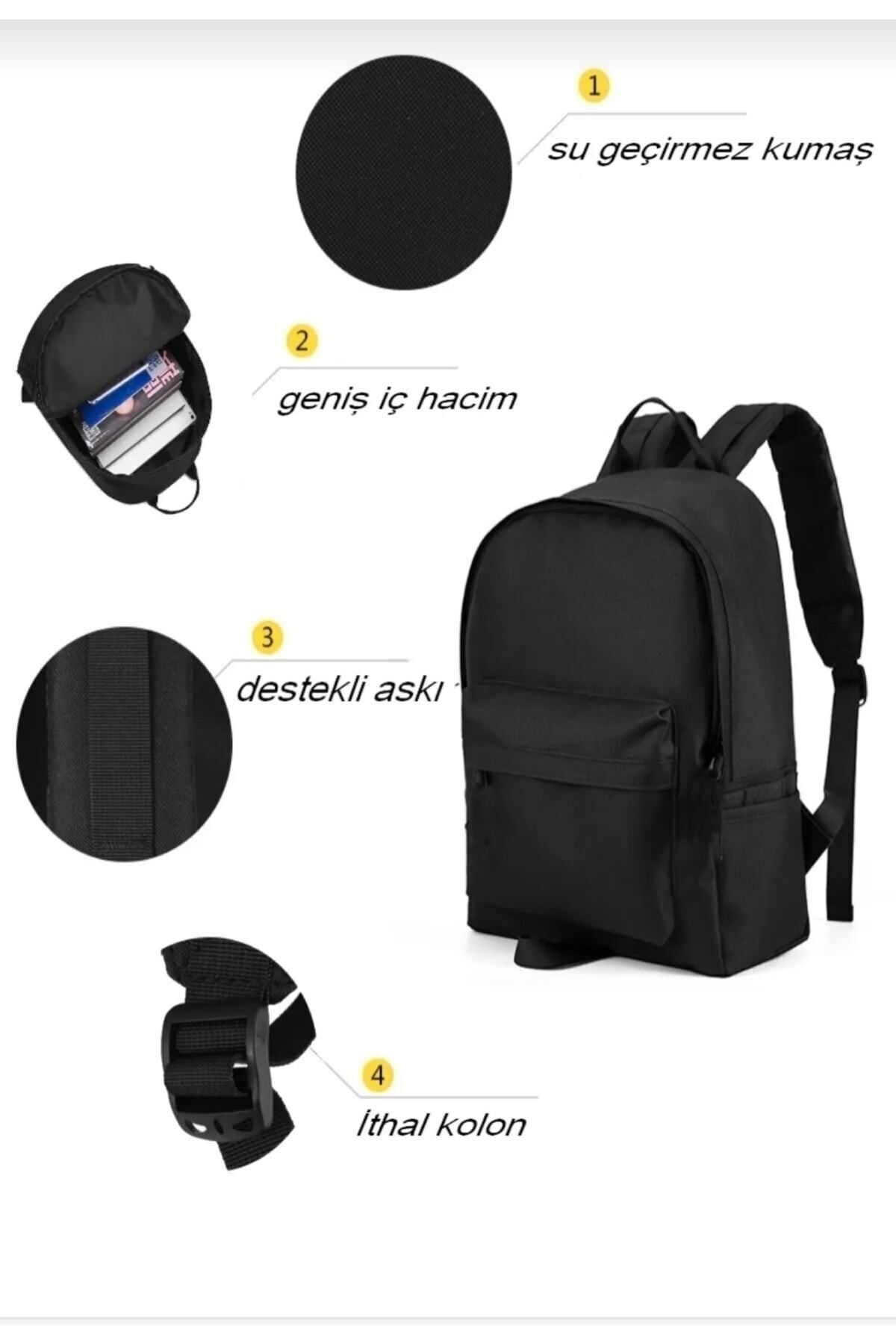 Düz Siyah Günlük Seyahat Kurs Sırt Çantası Plain Black Daily Travel Course Backpack