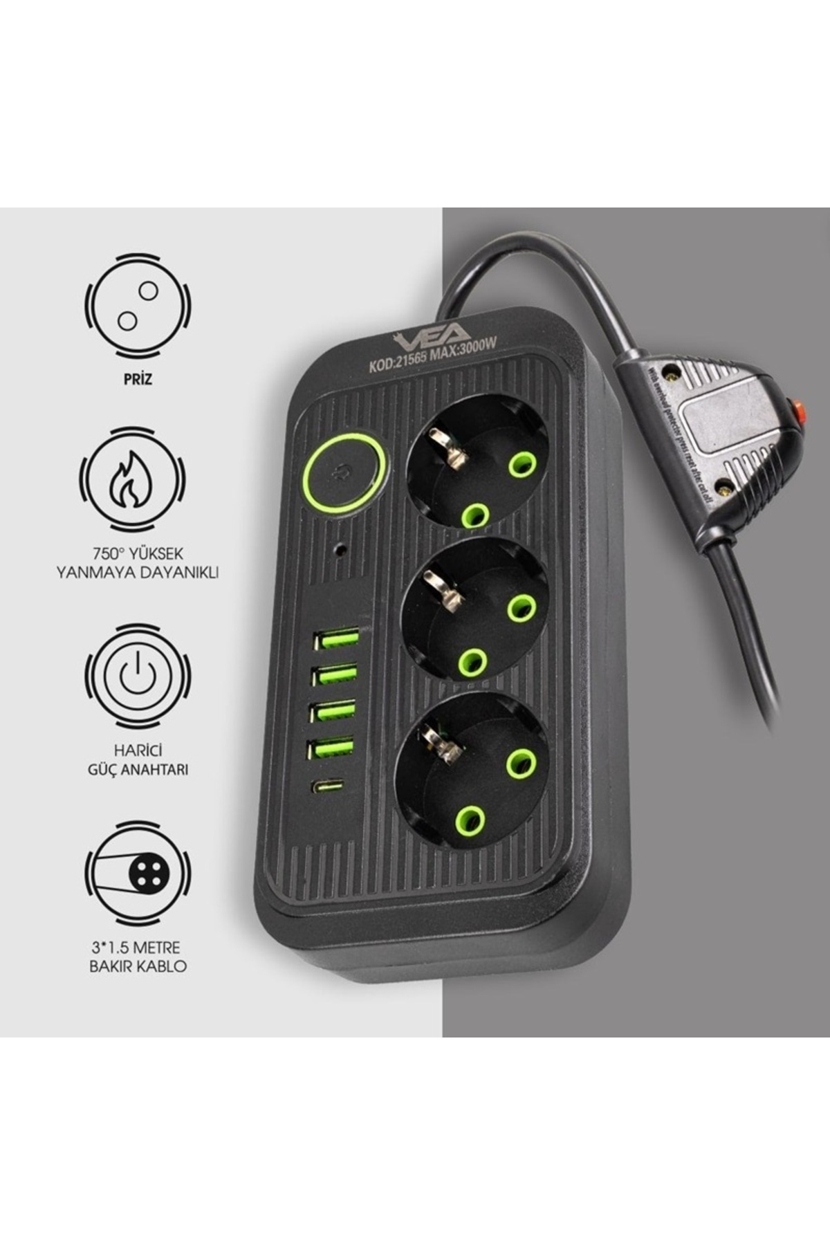 TechMore Akım Korumalı Grup Priz 3’lü 1.5 Metre Kablolu 4 Usb Type-c ...