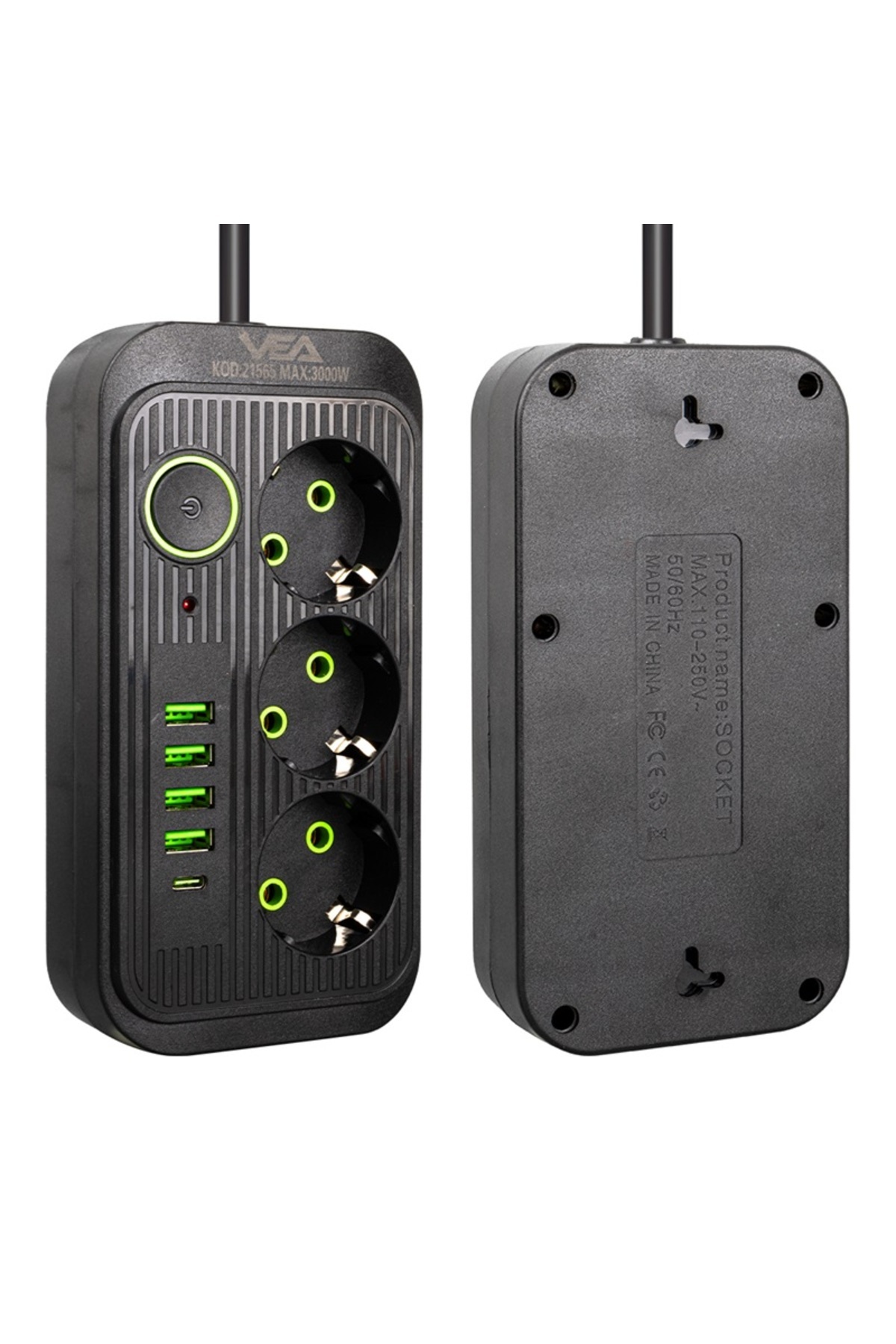 TechMore Akım Korumalı Grup Priz 3’lü 1.5 Metre Kablolu 4 Usb Type-c ...