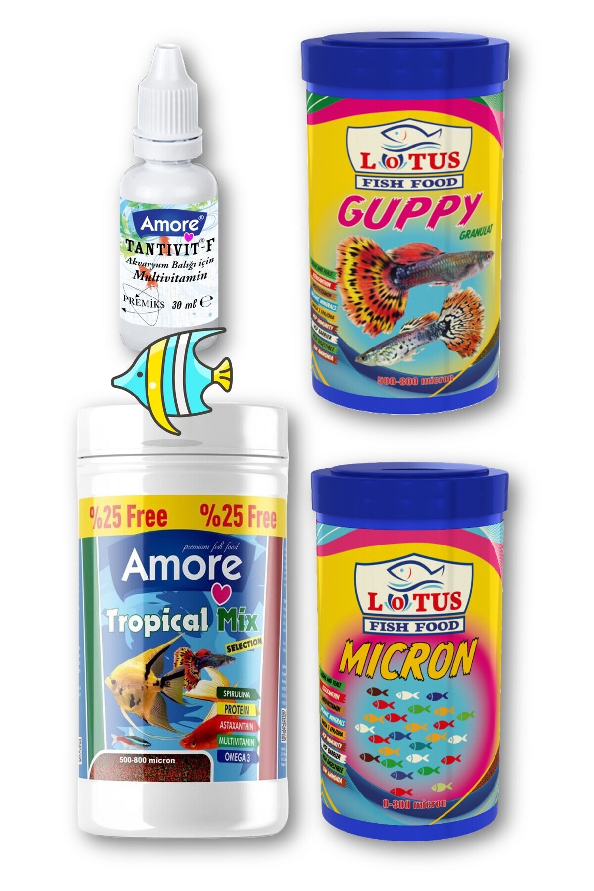 AMORE Lepistes-Melek-Plati-Moli Balık Yemi 125ml, Lotus Guppy Granül 100ml, Yavru 100ml, Vitamin