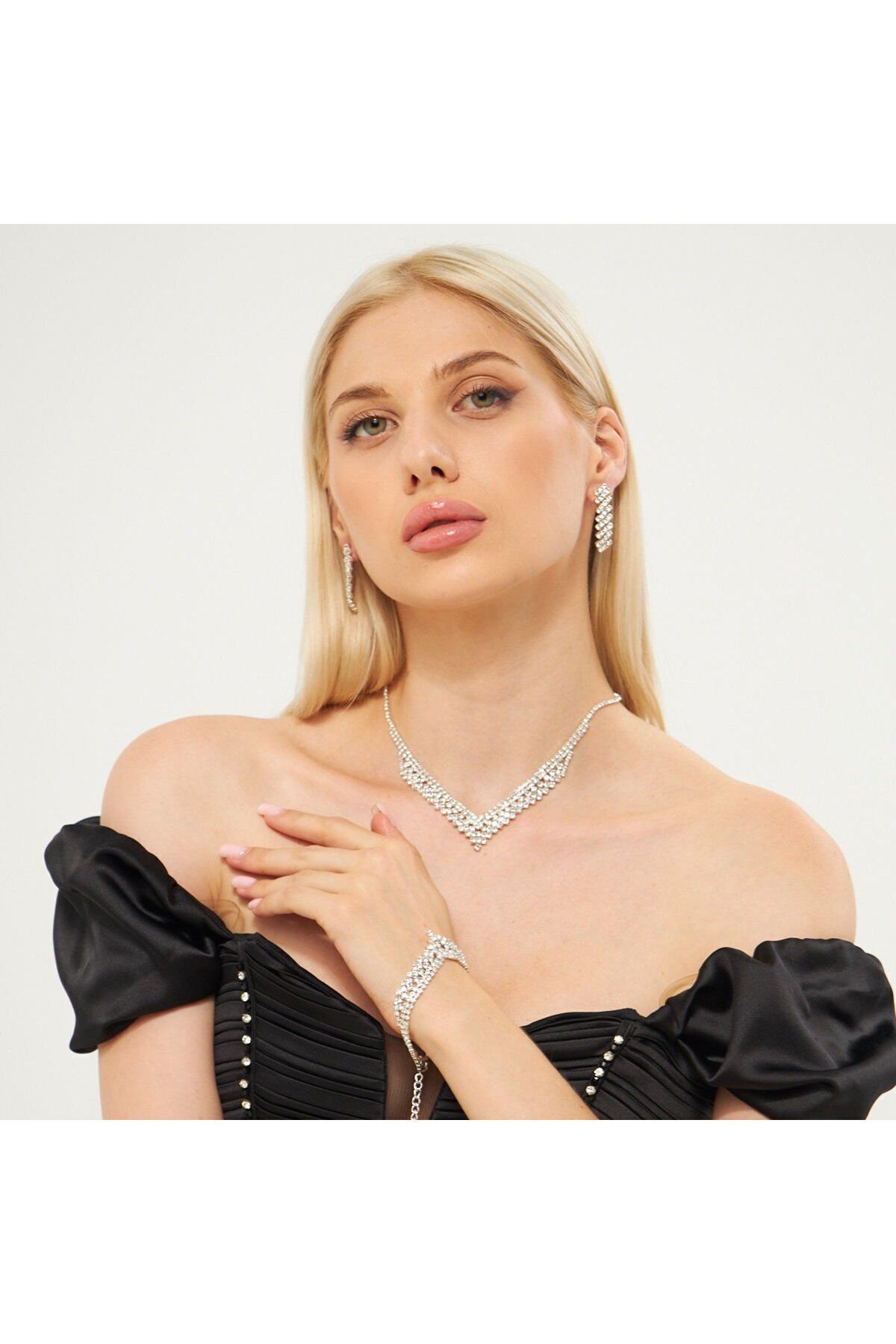 Flaner Paris Aksesuar Çapraz dizim gerdanlık kolye küpe bileklik seti