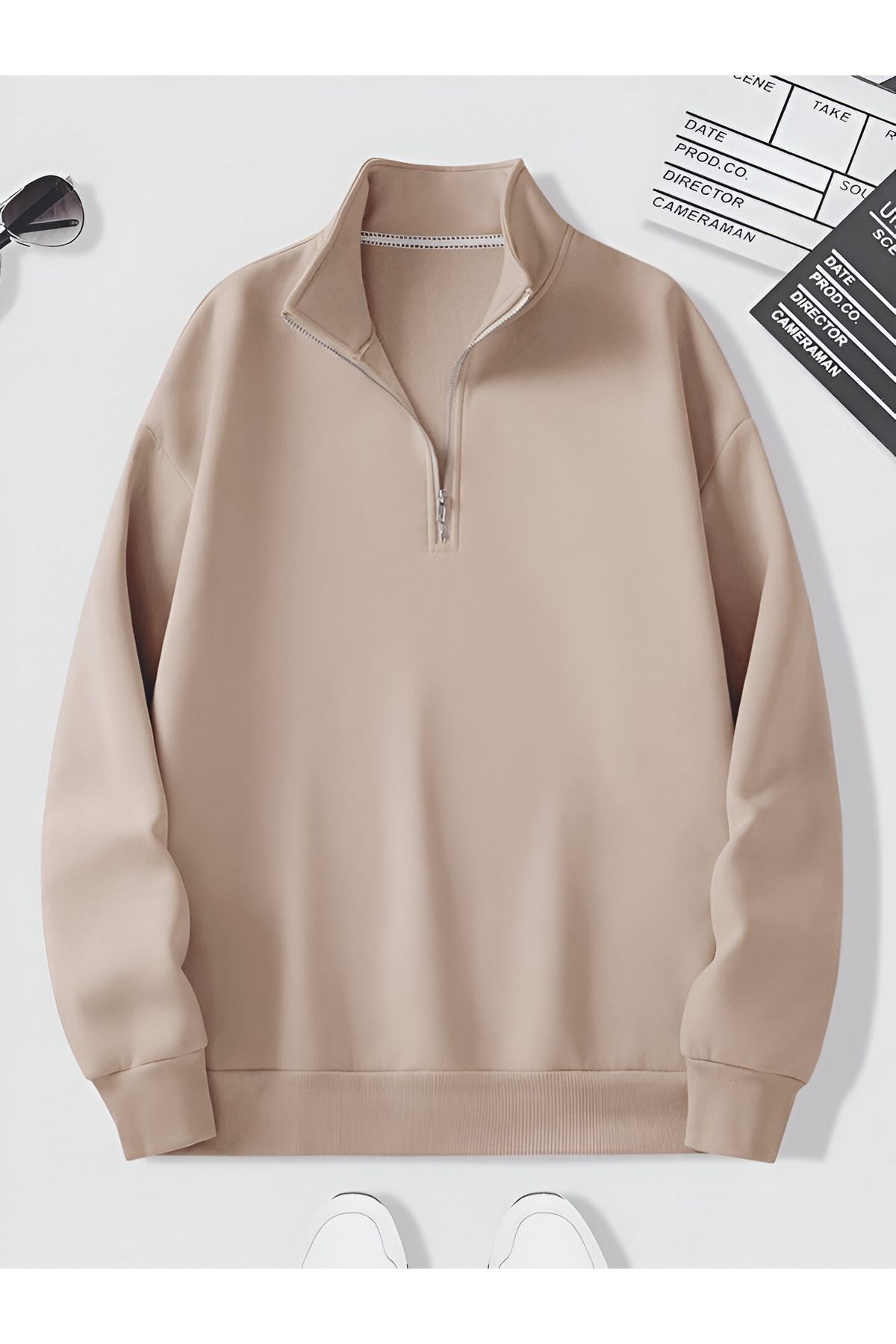 sweat shirt unisexe beige à col montant et fermeture éclair