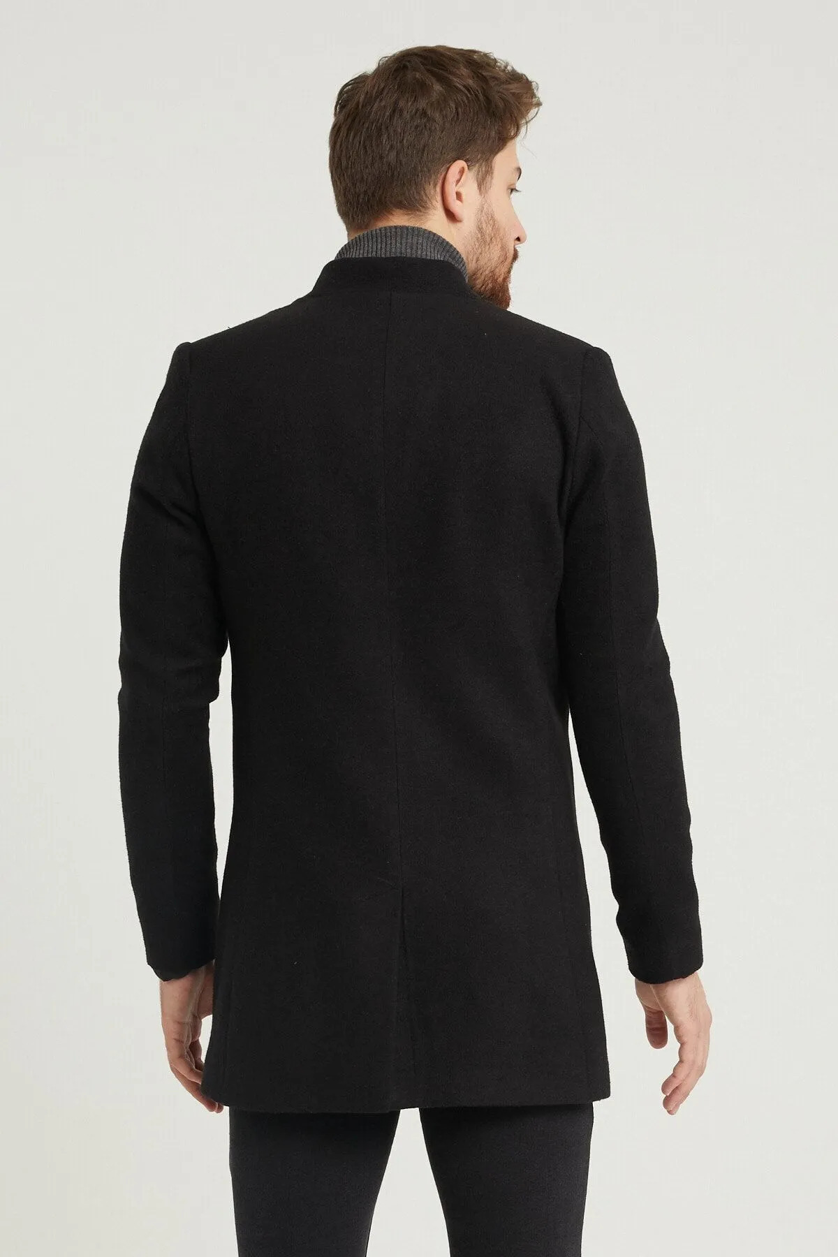 REMA STİL Erkek Siyah Slim Fit Dik Yaka Kaşe Kaban görsel 5