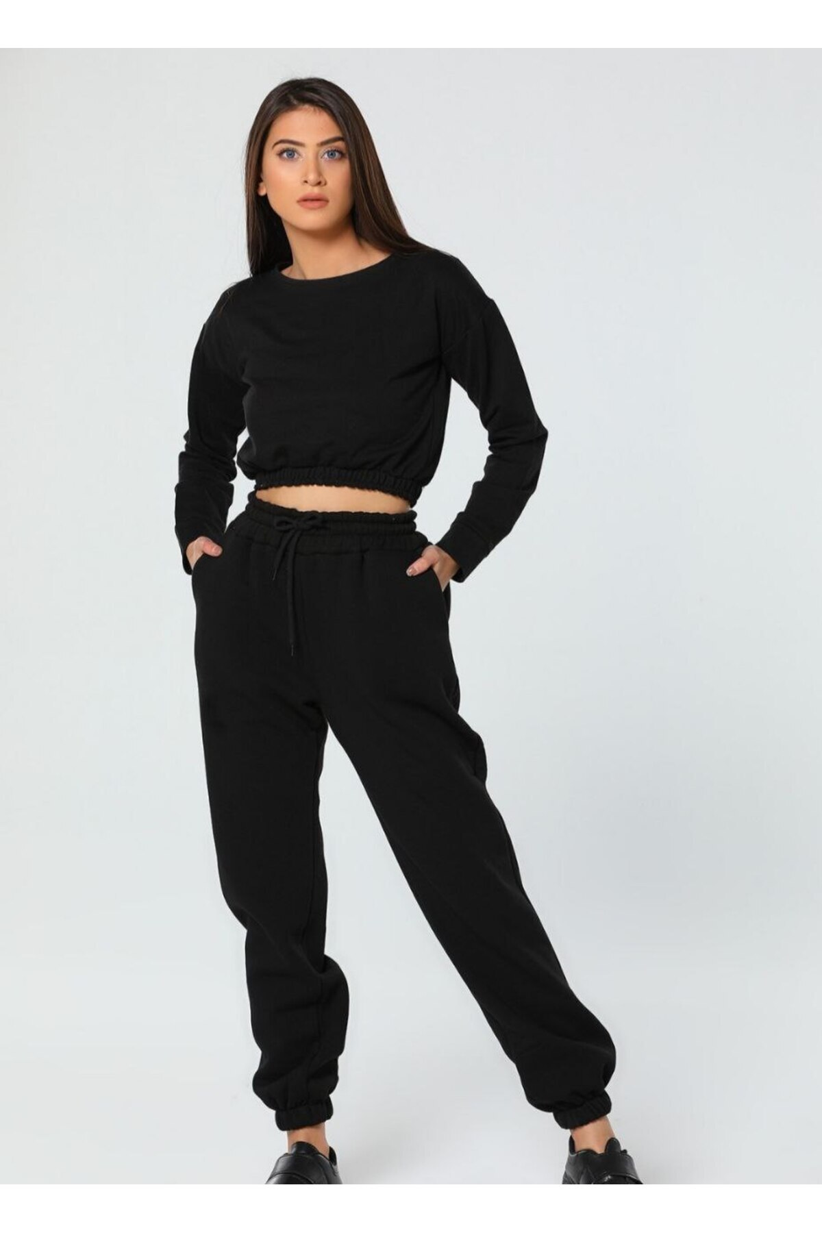 Women's Black Winter Thick Fleece Inside High Waist Basic Sweatpants