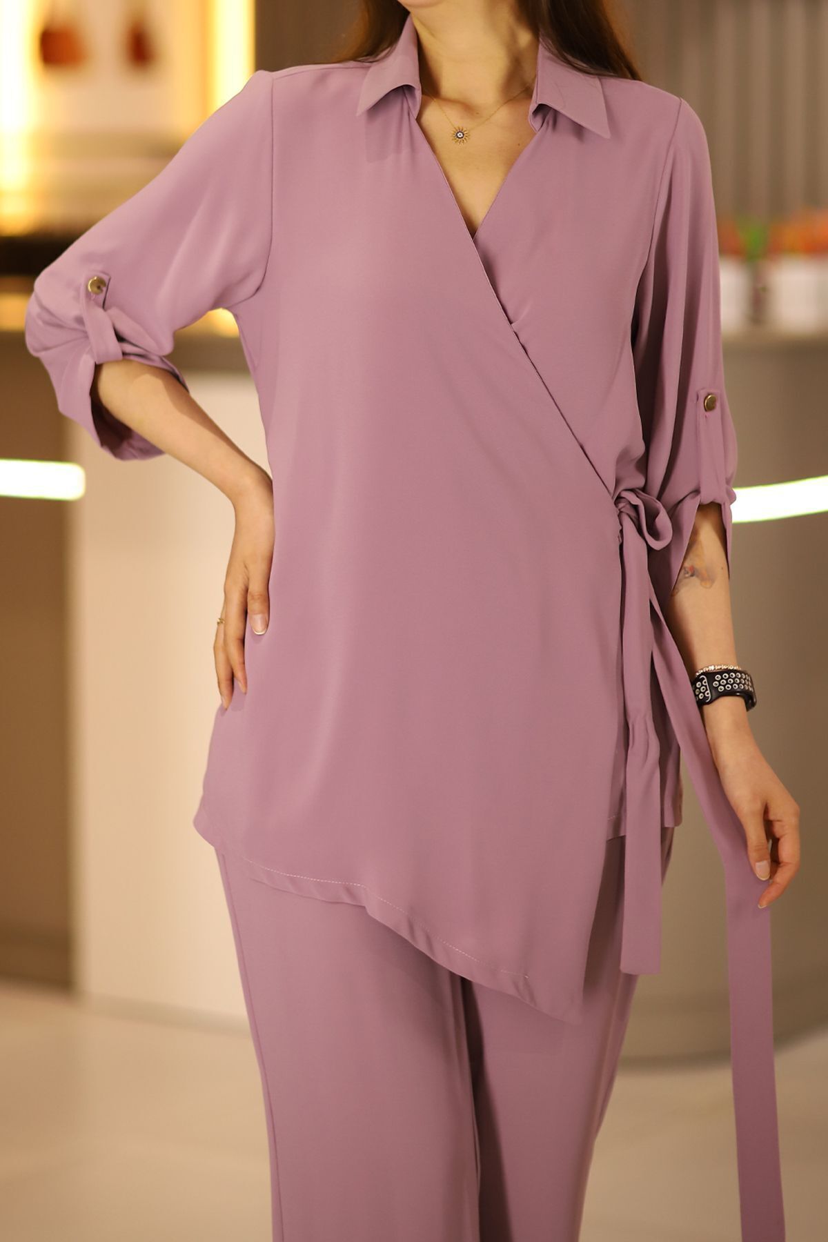 THE Q STUDİO-Plus Size Lilac Shirt and Trousers Set - Cuff Button Detail 2