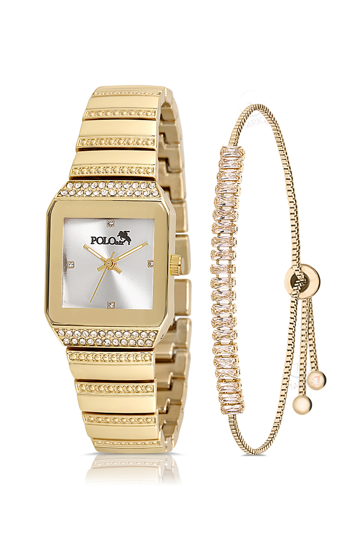 Polo Air Vintage Kare Kadın Kol Saati Zirkon Taşlı Baget Bileklik Gold PL-1488B1