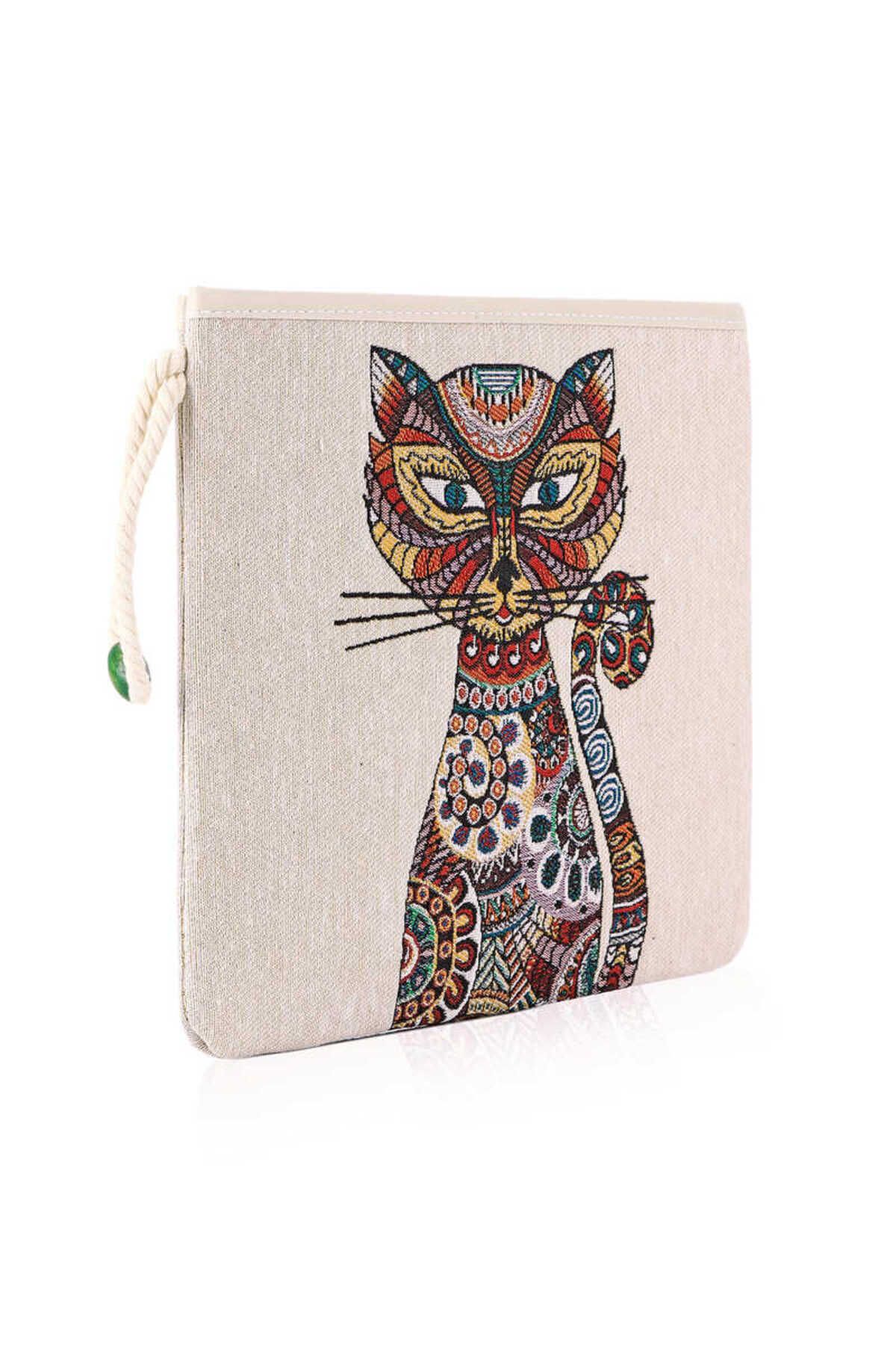 Bursa İpek-Cat Patterned Tapestry Handbag 3