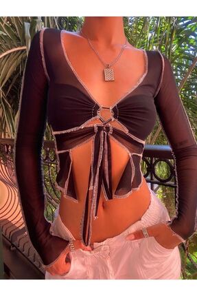 offcastle Siyah Transparan Tül Büstiyer Crop Bluz Astarlı Likralı