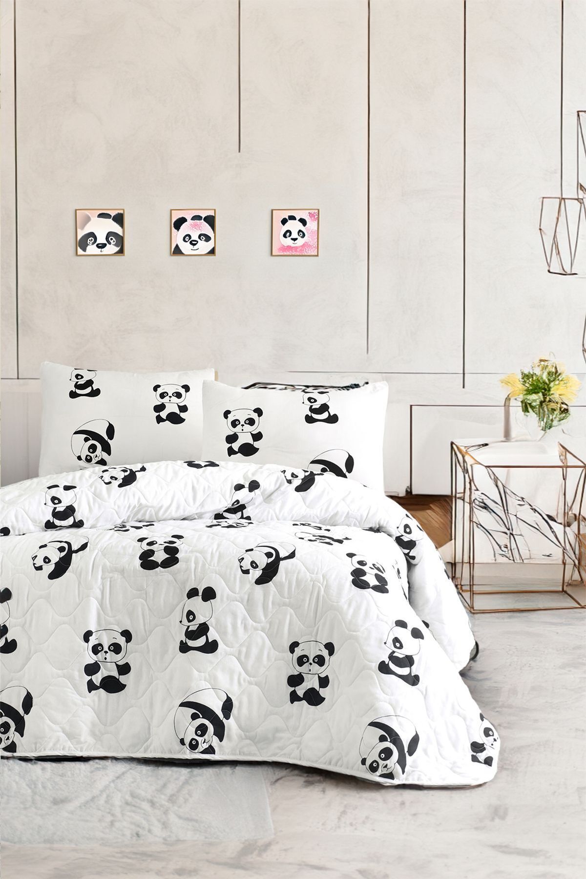 Eponj Home-Quilted Bedspread Set Single B&W Panda 3