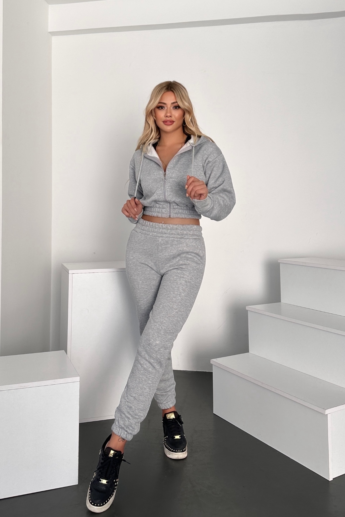 Women's Hooded Zippered Thick Crop Sweatshirt Tracksuit Set Gray