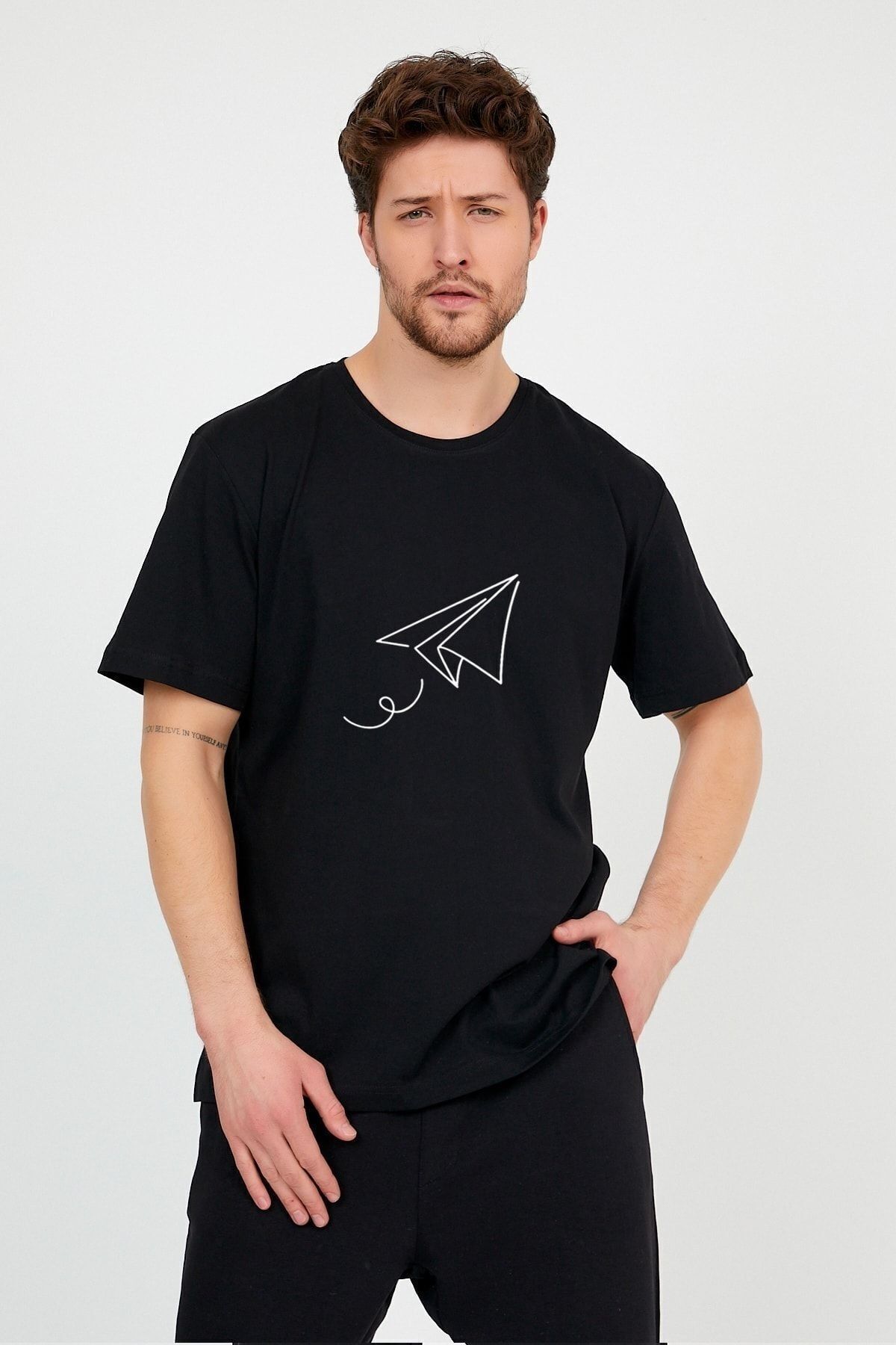 Erkek Siyah Önü Uçak Baskılı Bisiklet Yaka Oversize Pamuklu T-shirt