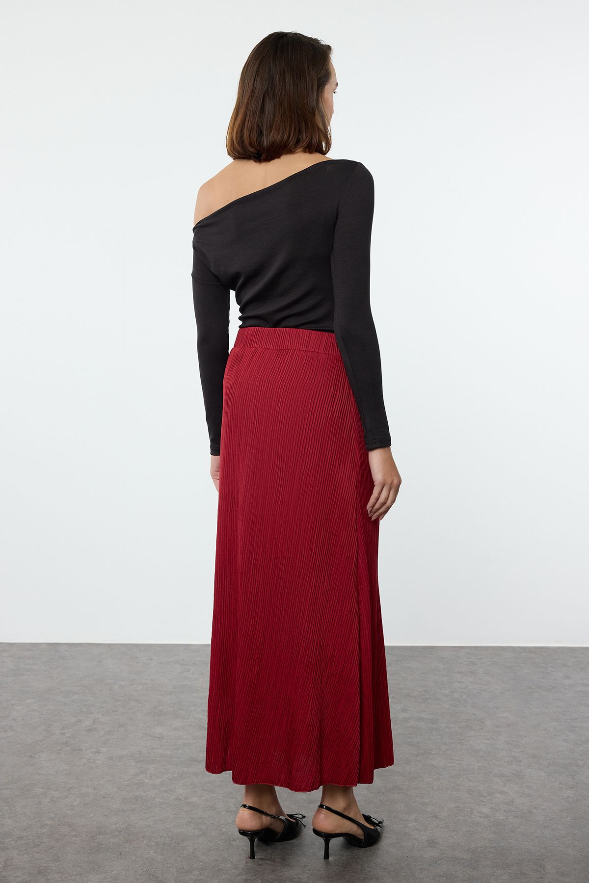 Trendyol Collection-Spódnica midi w kolorze czerwonego wina w kształcie litery A - elastyczna talia i podszewka Twoaw25et00060 5