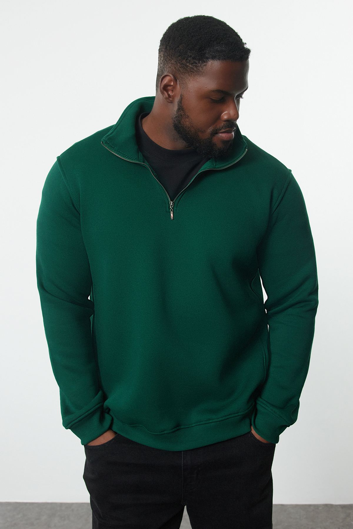 Trendyolmilla Man Yeşil Büyük Beden Oversize/Normal Kesim Dik Yaka Fermuarlı İçi Polarlı Sweatshirt TMNAW24AO00024