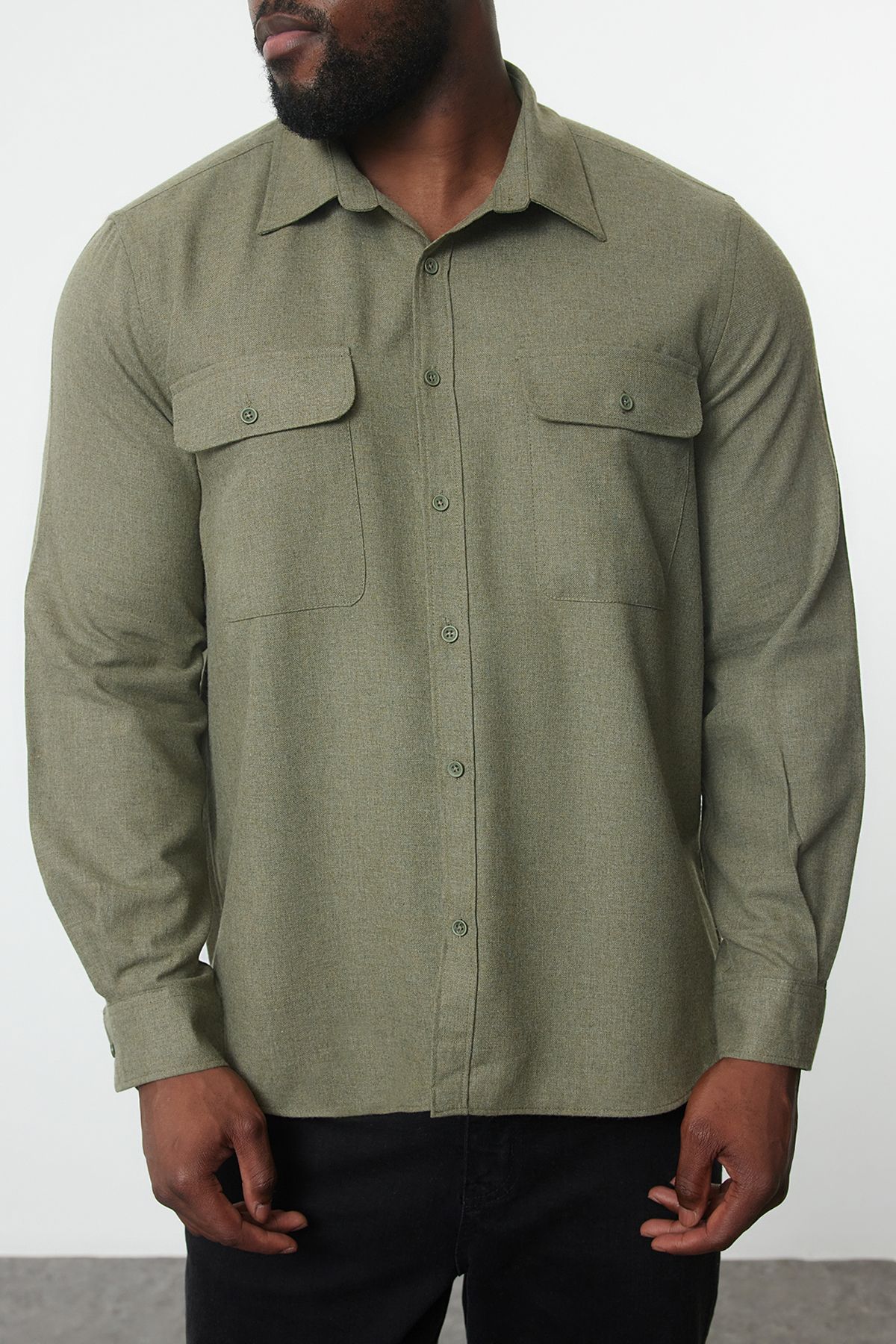 Trendyol Collection-Khaki Regular Fit Winter Lumberjack Flannel Shirt - Plus Size Tmnaw25Ax00004 3