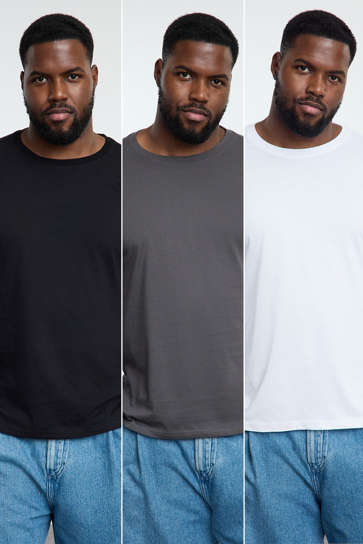 Trendyol Collection Duży Rozmiar 3-pak - Antracyt-biały-czarny 100% Bawełniany T-shirt Z Okrągłym Dekoltem I Dopasowanym Krojem Mężczyzna - 4XL
