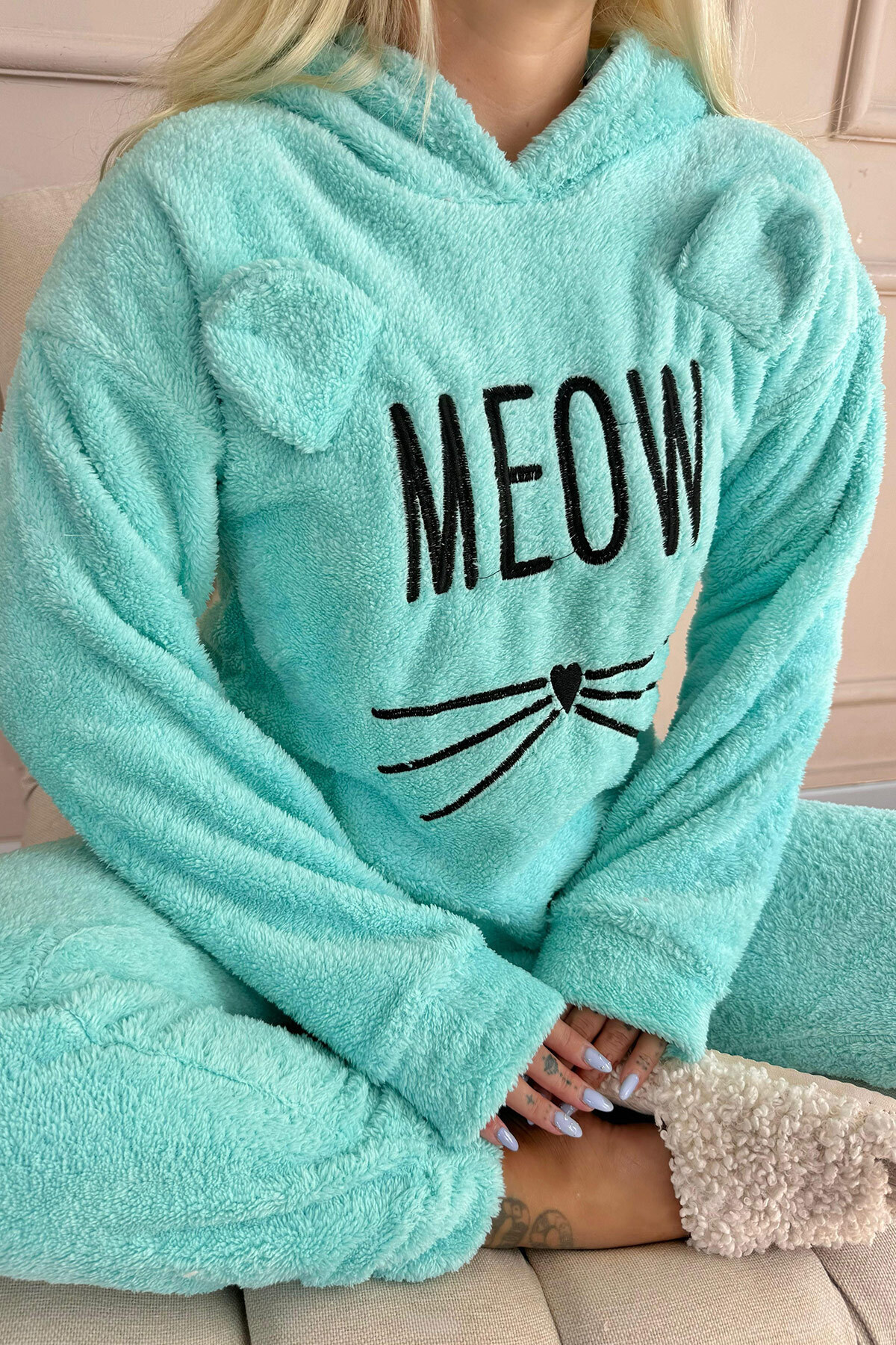 Pijamaevi-Aqua Green Meow Patterned Pajama Set - Full Plush 6