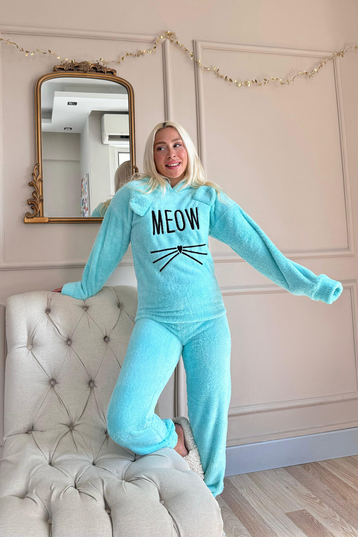 Pijamaevi-Aqua Green Meow Patterned Pajama Set - Full Plush 5