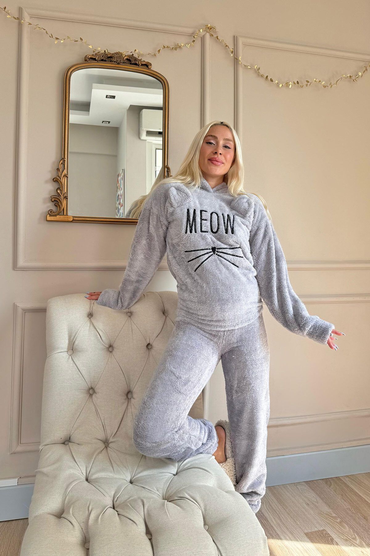 Pijamaevi-Light Gray - Meow Patterned Full Plush Pajama Set 6