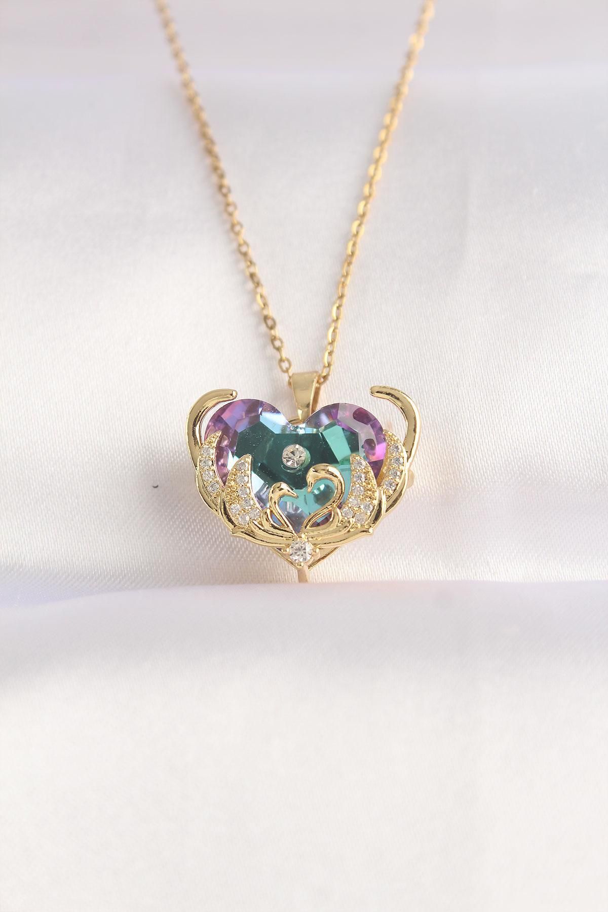 Mir-ay-Purple Colored Zircon Stone Heart Figured Steel Chain Necklace 1