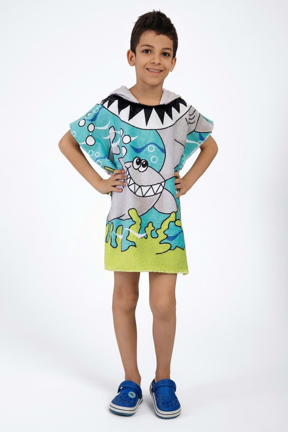 VEVİEN HOME-Shark Patterned Poncho Beach Towel for Kids 2