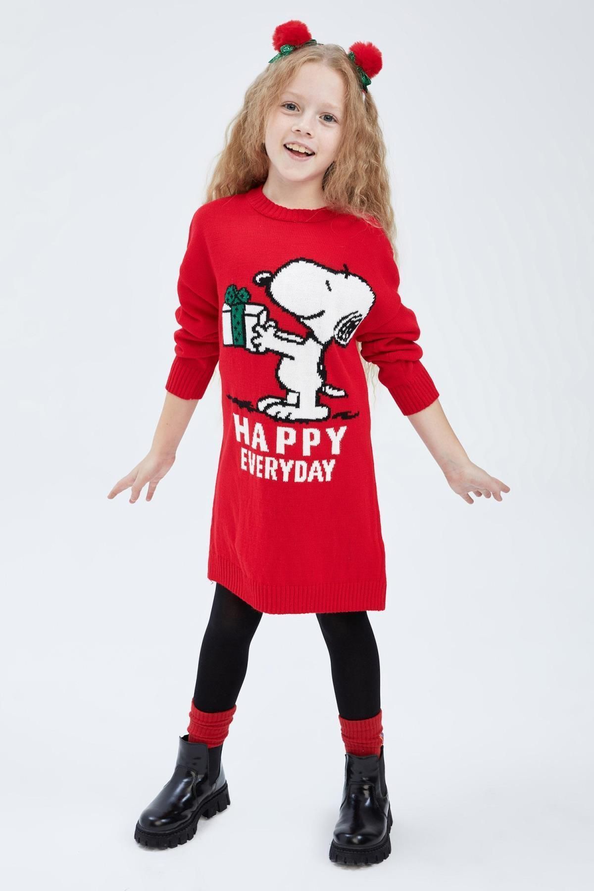 DeFacto-New Year's Themed Snoopy Girl's Knitwear Dress - Crew Neck, Long Sleeve Y0586A622Cw 3