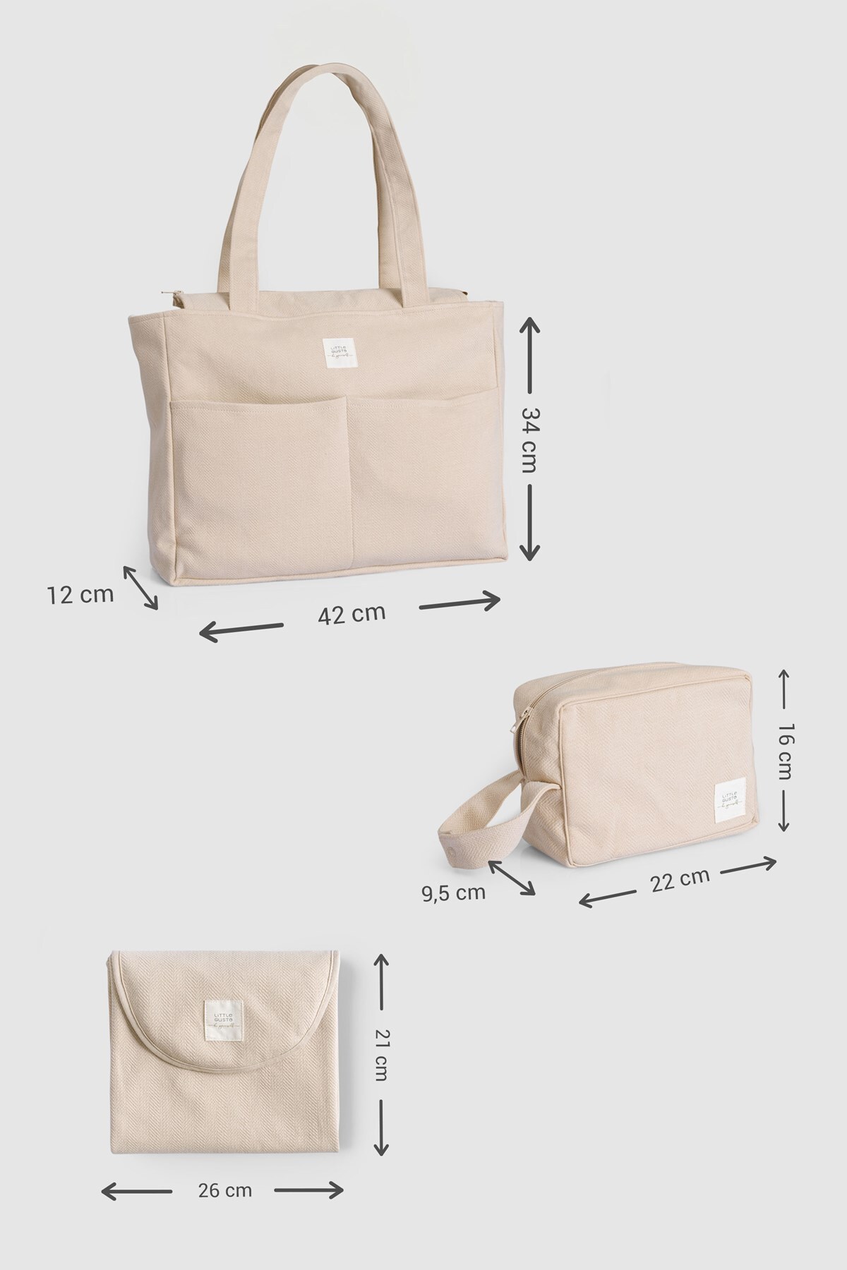 Little Gusto 3'lü Anne Bebek Bakım Çantası Seti Bej fotoğrafı 2 (önizleme)