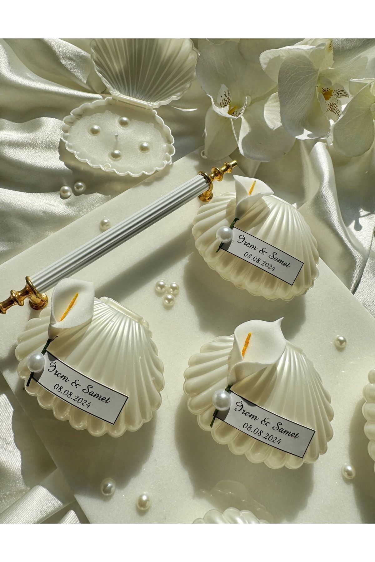 Gami Handmade İnci Detaylı Sedefli İstiridye Mum Söz, Nişan, Nikah, Doğum günü, Düğün, Hediyelik -15 Adet
