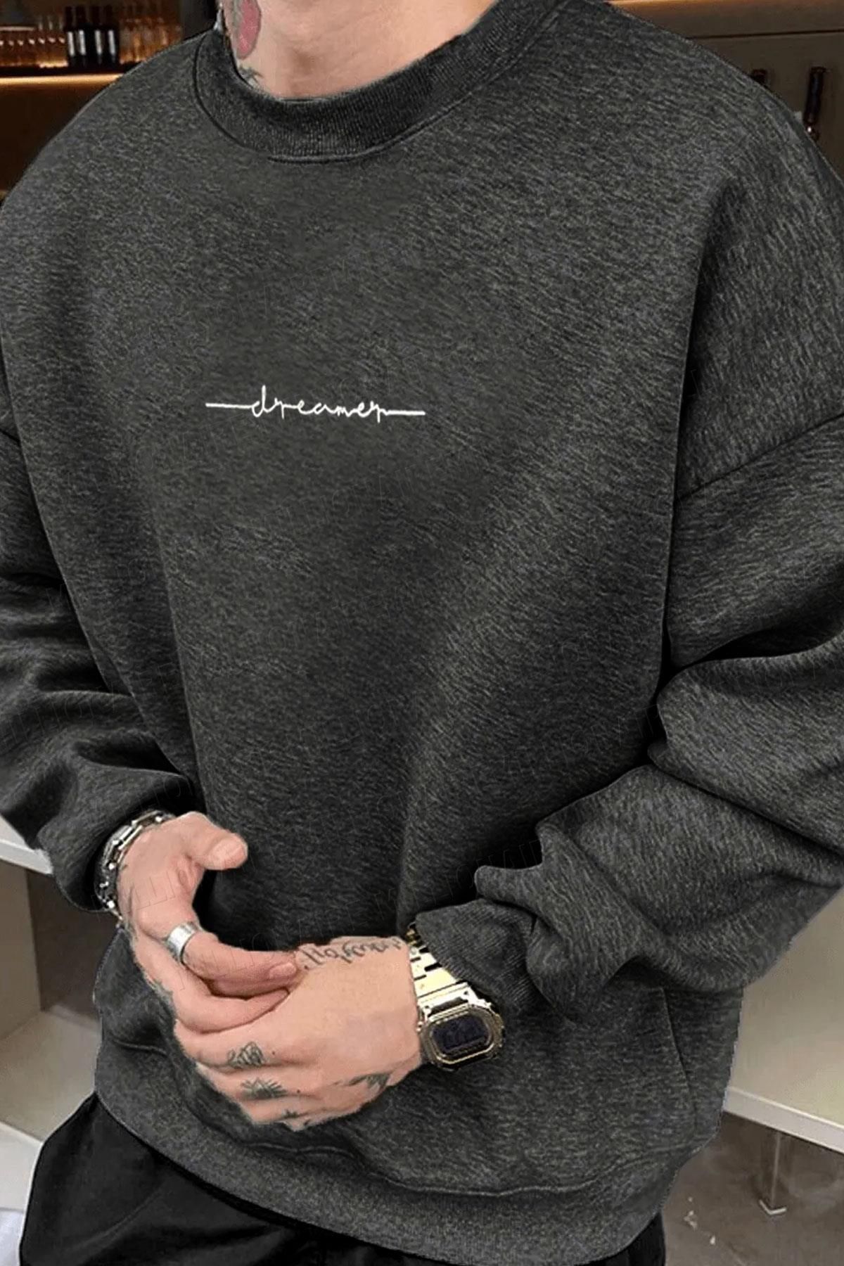 Millionaire-Men's Anthracite Dreamer Printed 0 Crew Neck Oversize Loose Loose Cut Fleece Sweatshirt 2