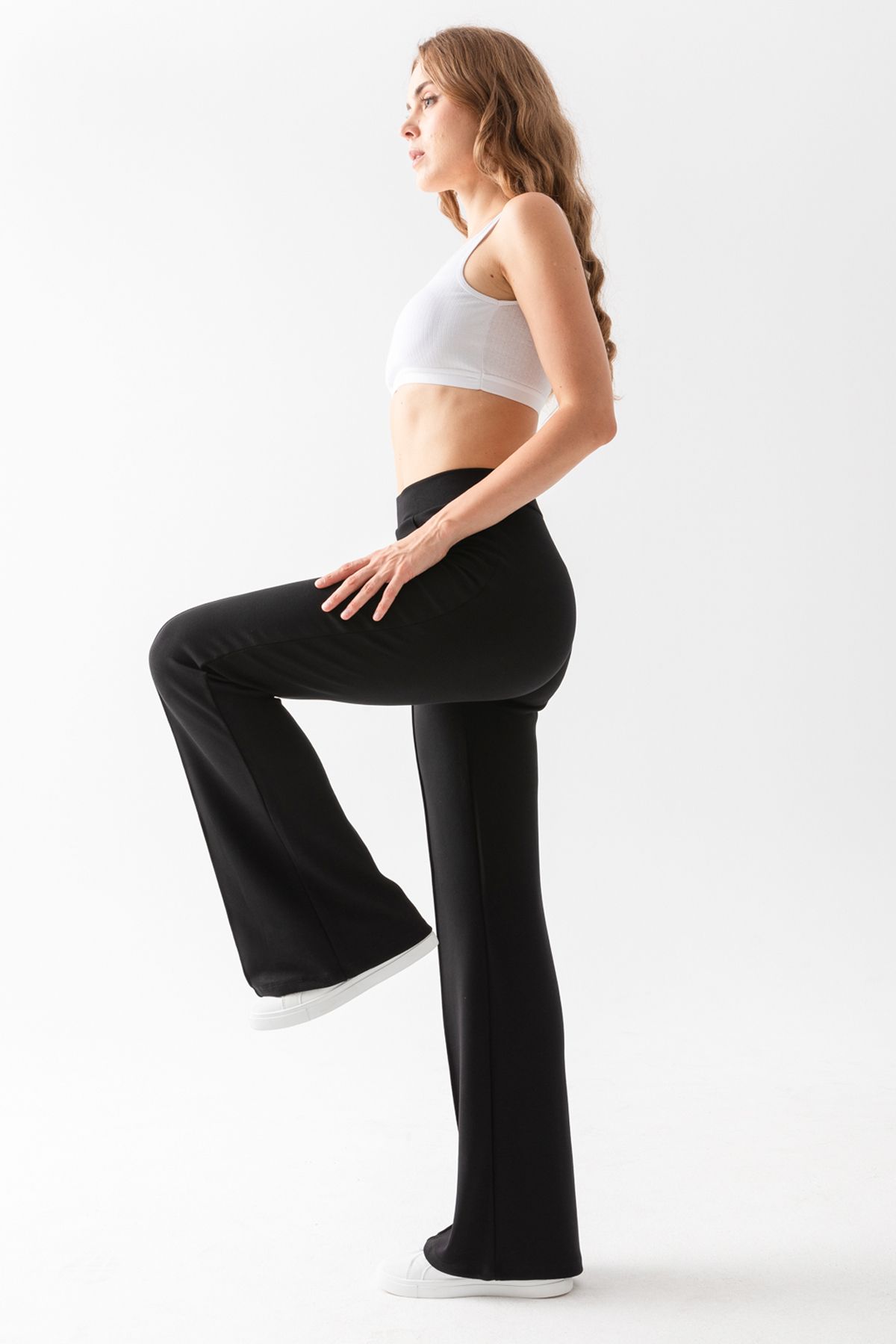 CNRCollection-Black High Waist Ribbed Modal Fabric Spanish Leg Leggings - Flexible and Recovery 6