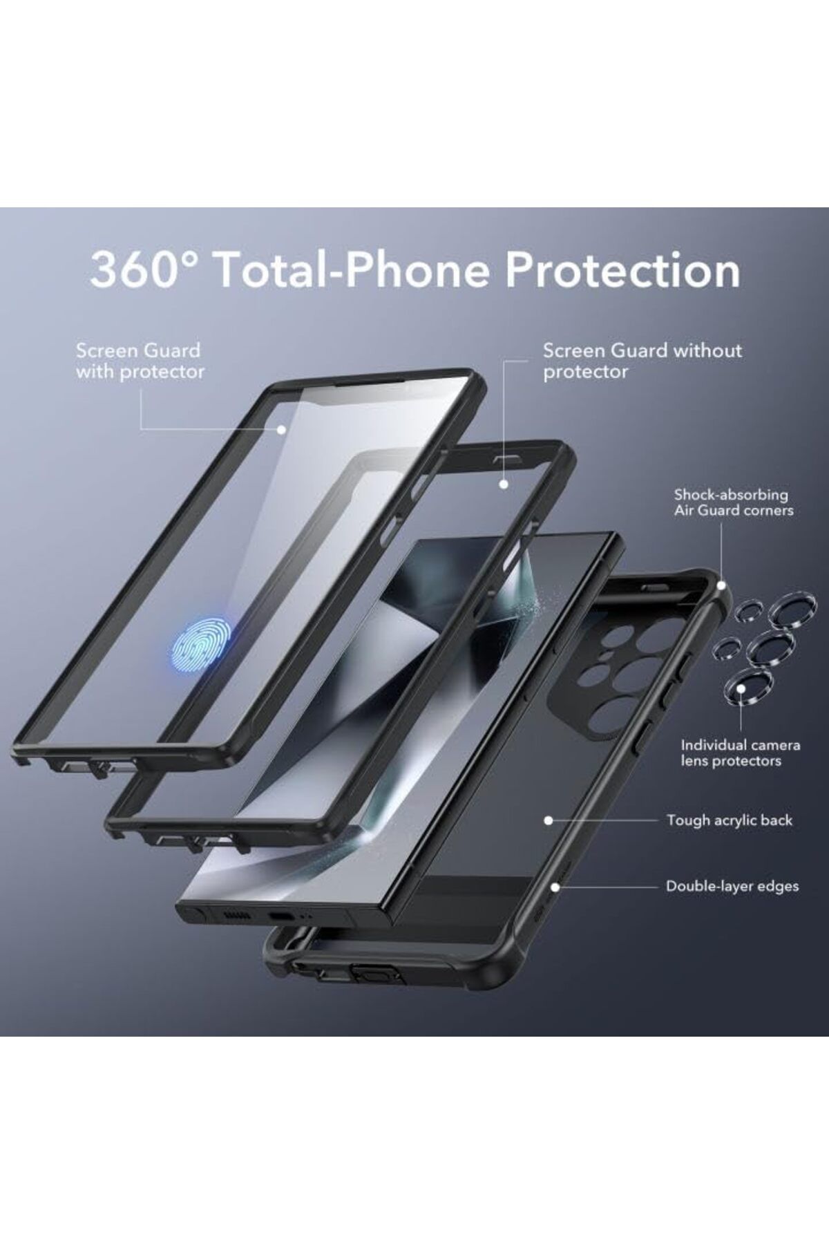ESR-Samsung S24 Ultra Case, Heavy Duty Shock Armor with Front Frame & 3 Kickstand Modes, Frosted Black 3