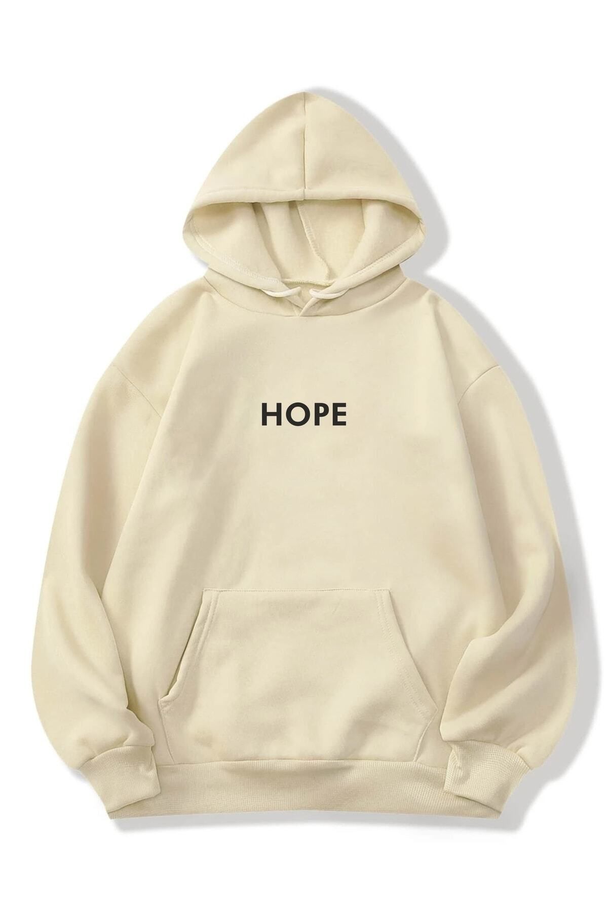 AFROGİYİM-Hanorac cu glugă supradimensionat bej cu imprimeu Hope pentru damă 1