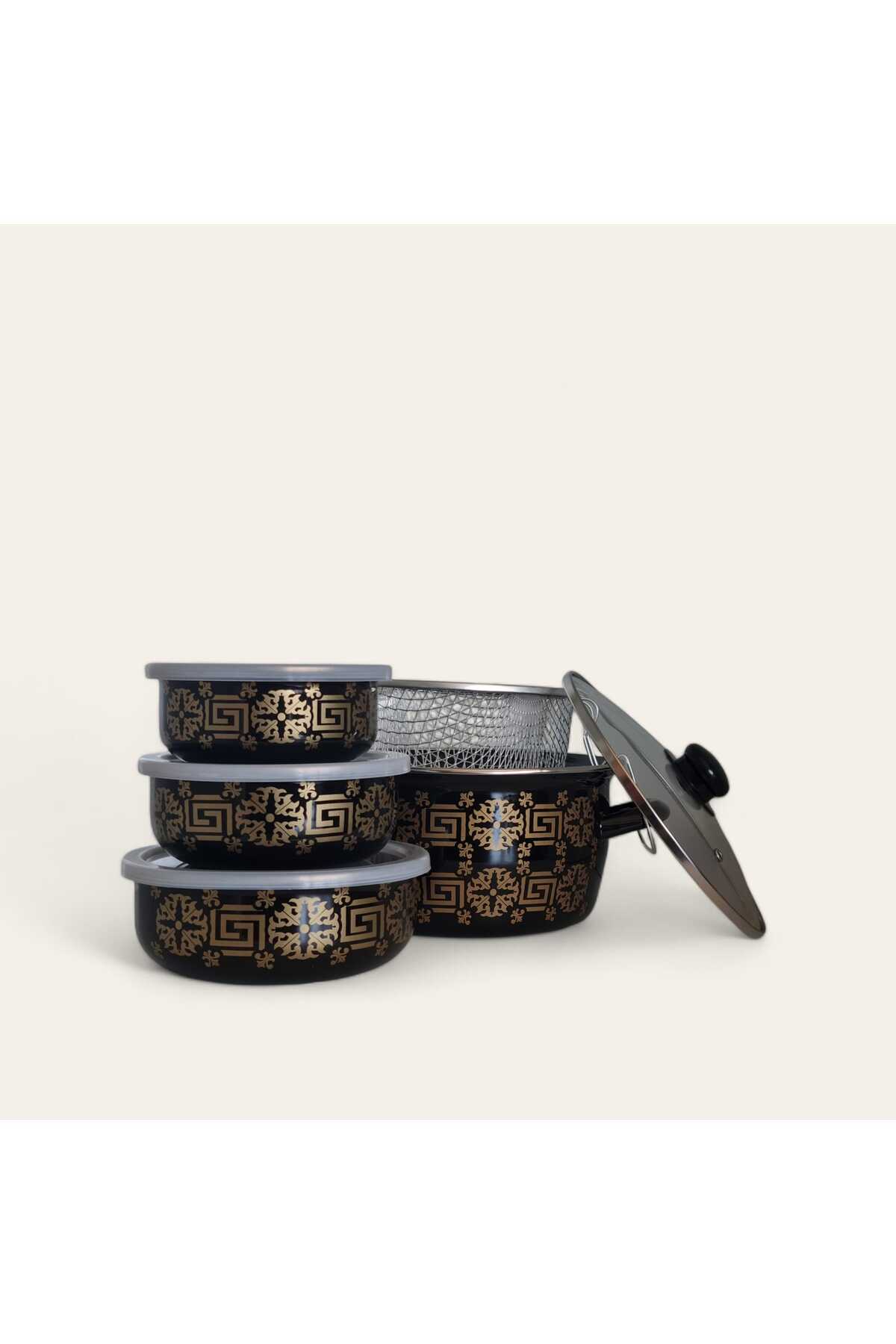 emaye kızartma tenceresi 22 cm ve 3 lü saklama takımı 14 cm 16 cm 18 cm emaye kase tabak