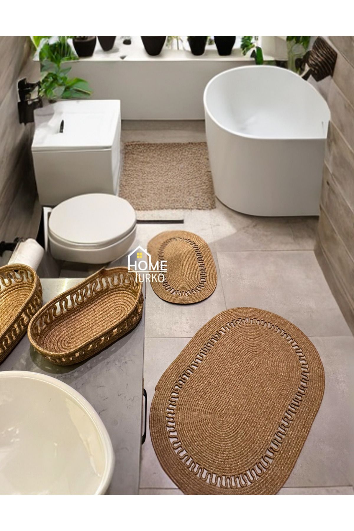 HomeTurko-Set de 2 iuta, paie, preș, covoraș de baie, set de covorașe de baie și coș de baie 2