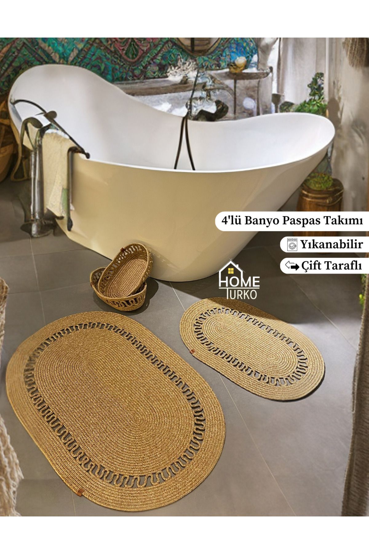 HomeTurko-Set de 2 iuta, paie, preș, covoraș de baie, set de covorașe de baie și coș de baie 1