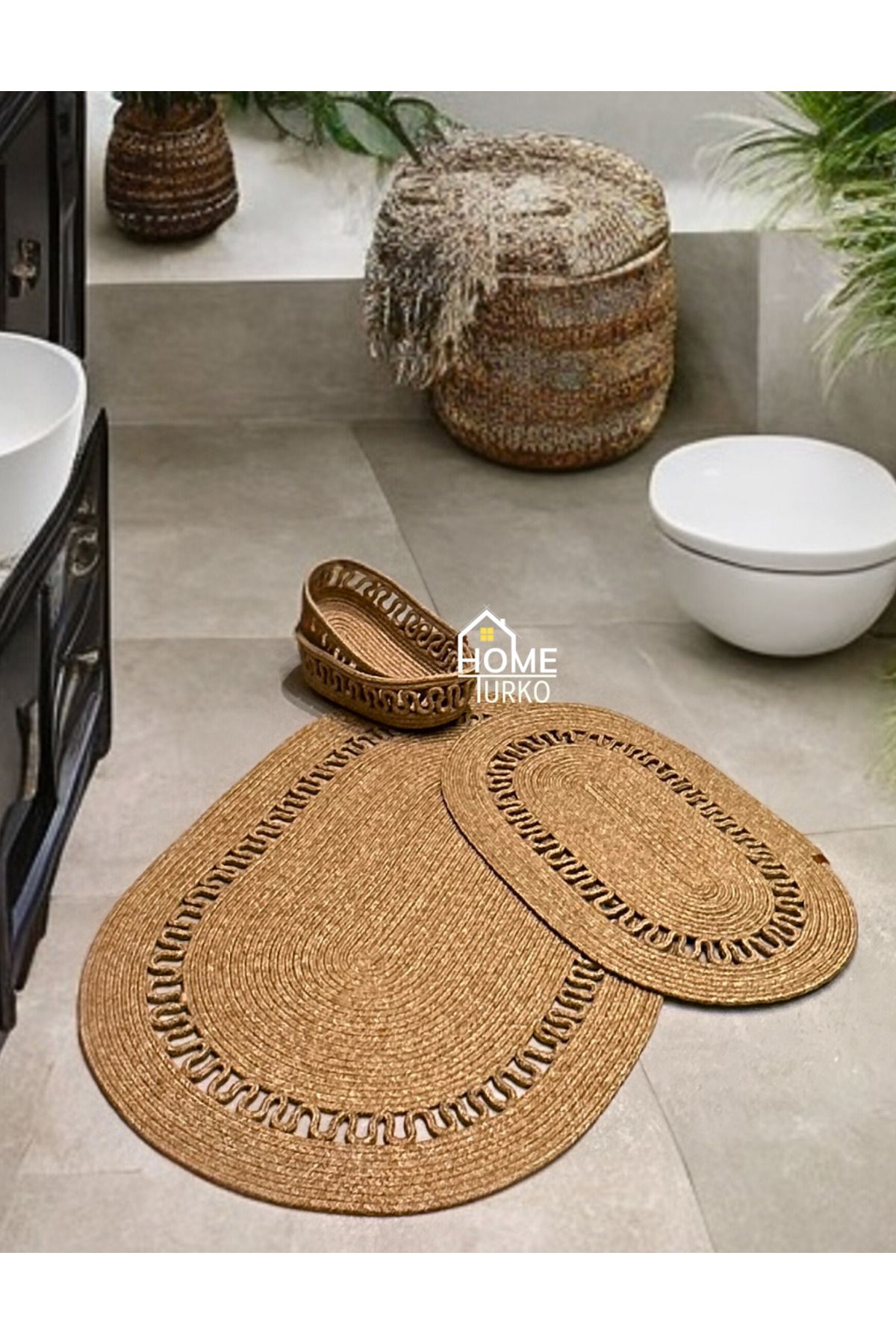 HomeTurko-Set de 2 iuta, paie, preș, covoraș de baie, set de covorașe de baie și coș de baie 4
