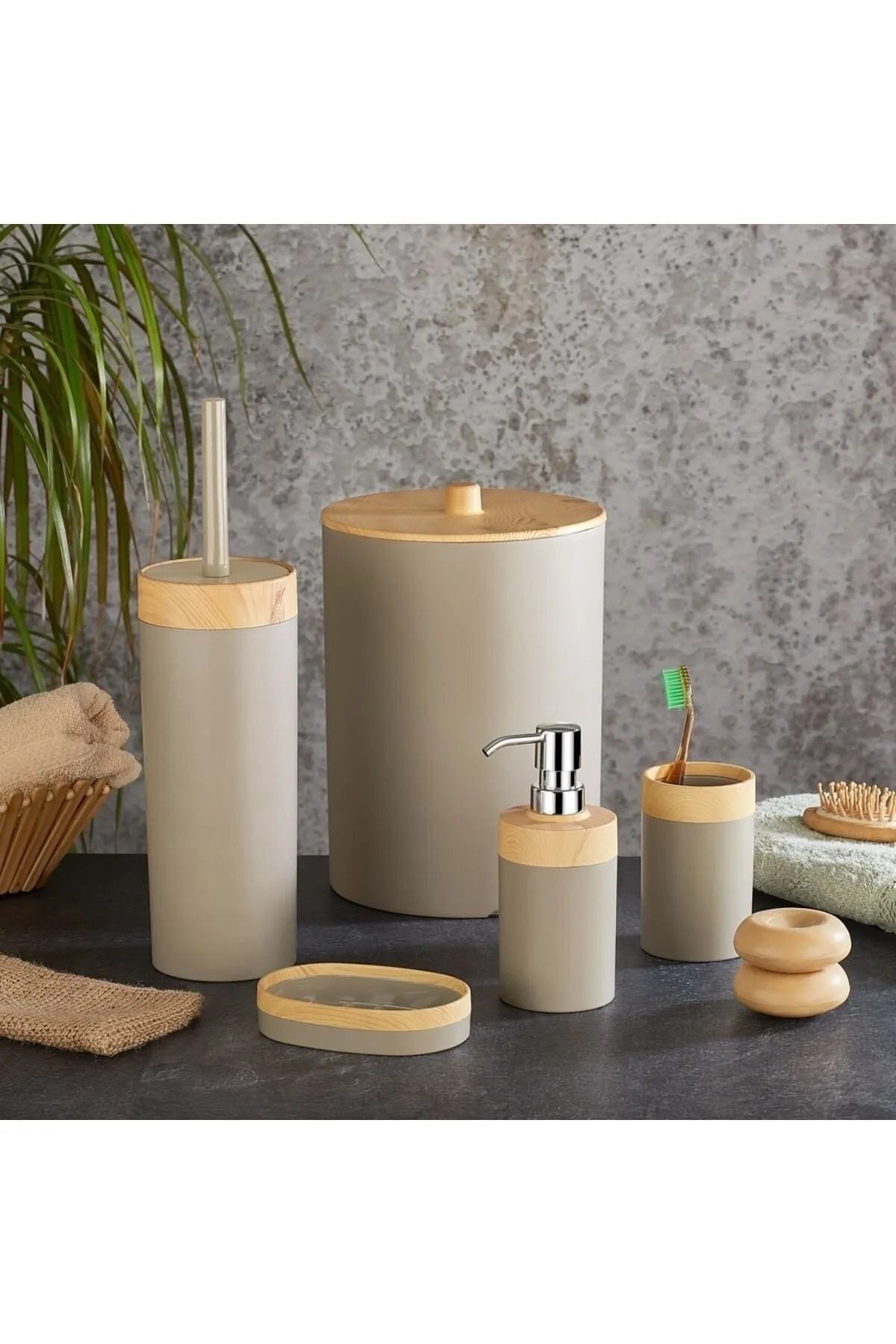 Limpia Bambu Desenli 5'li Banyo Seti Çöp Kovası Sıvı Sabunluk Diş Fırçalık Kutusu Banyo Seti