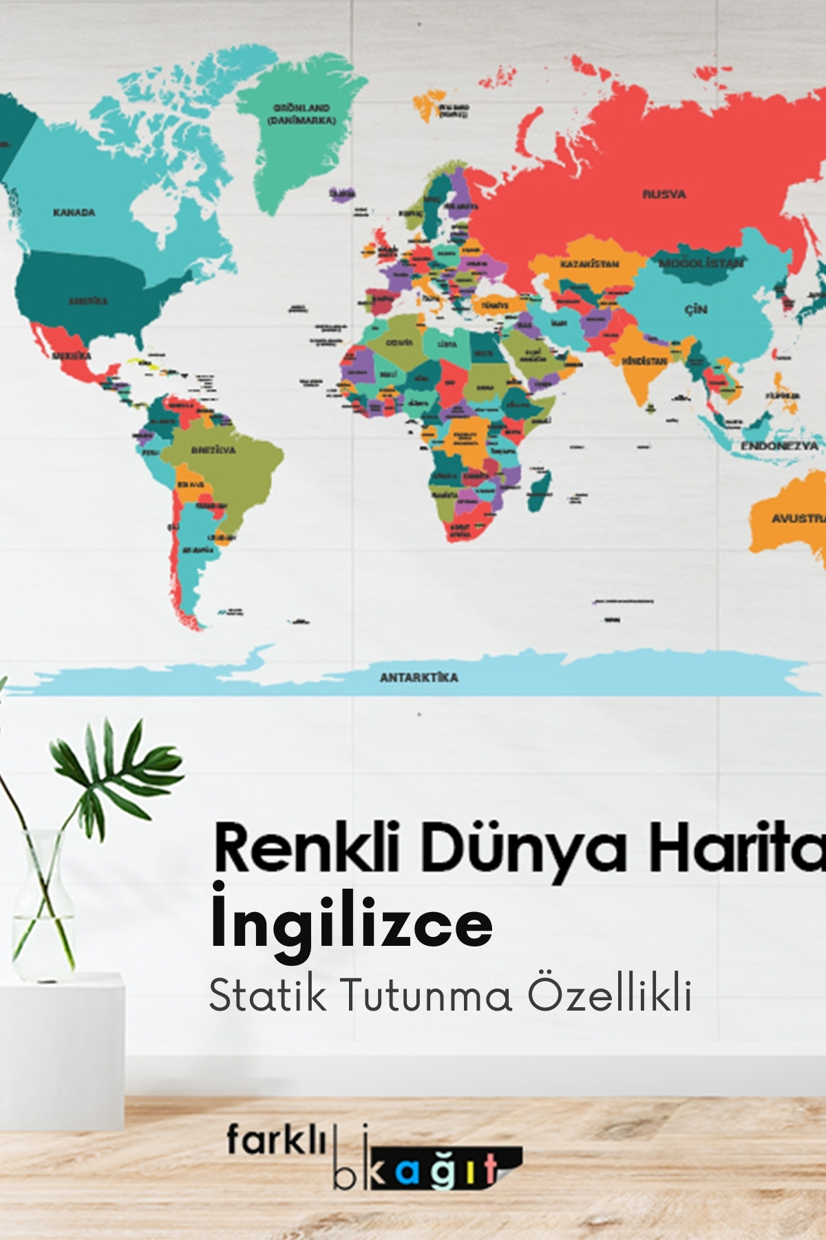 Farklı Bi Kağıt Statik Kağıt Tahta Renkli Ingilizce Dünya Haritası 100x56cm