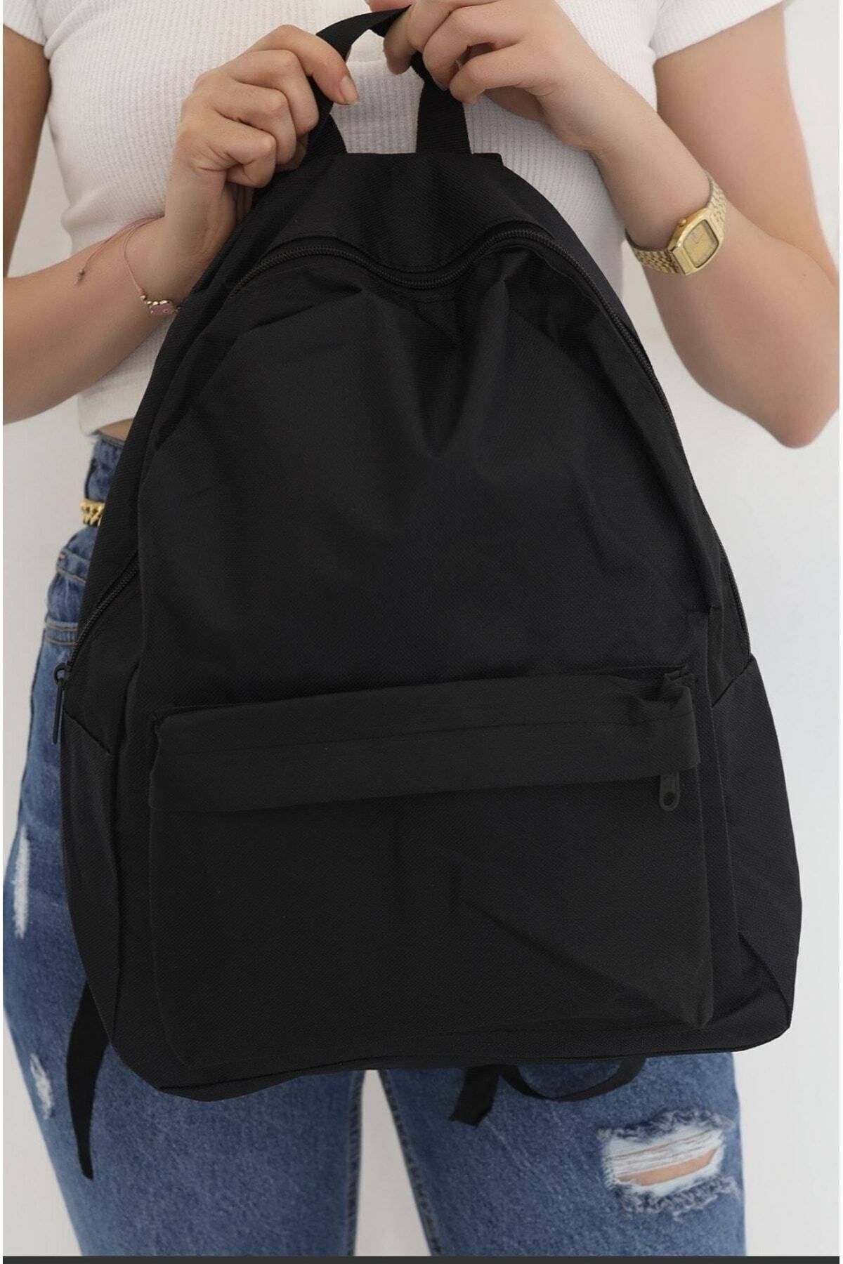 Düz Siyah Günlük Seyahat Kurs Sırt Çantası Plain Black Daily Travel Course Backpack