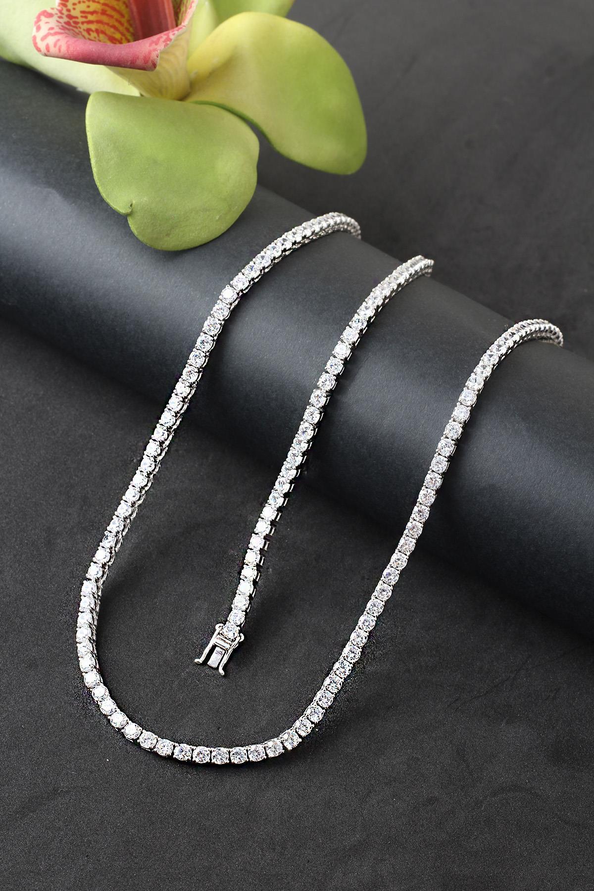 BY BARUN SİLVER Su Yolu Gümüş Kolye Bileklik Set Gerdanlık 925 Ayar Silver Beyaz Zirkon Düğün Nişan Kına