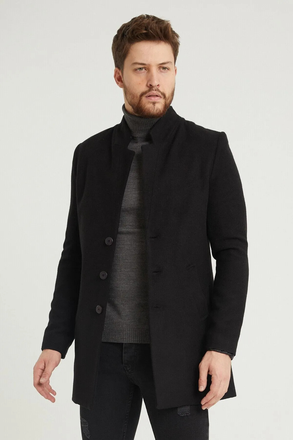 REMA STİL Erkek Siyah Slim Fit Dik Yaka Kaşe Kaban görsel 3