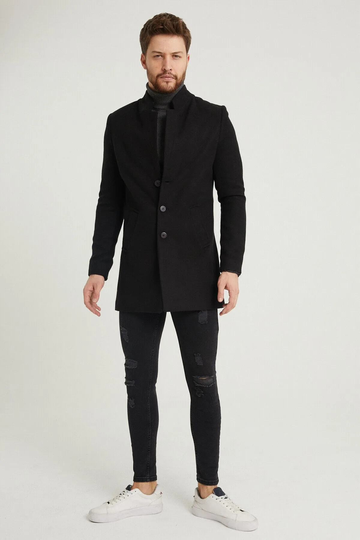 REMA STİL Erkek Siyah Slim Fit Dik Yaka Kaşe Kaban görsel 4