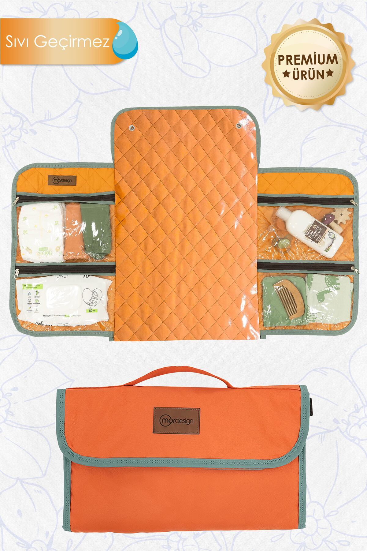 mordesign Taşınabilir Bebek Alt Değiştirme Pedi,Çok Cepli Alt Açma,Su Geçirmez,Premium Comfy Serisi, Turuncu